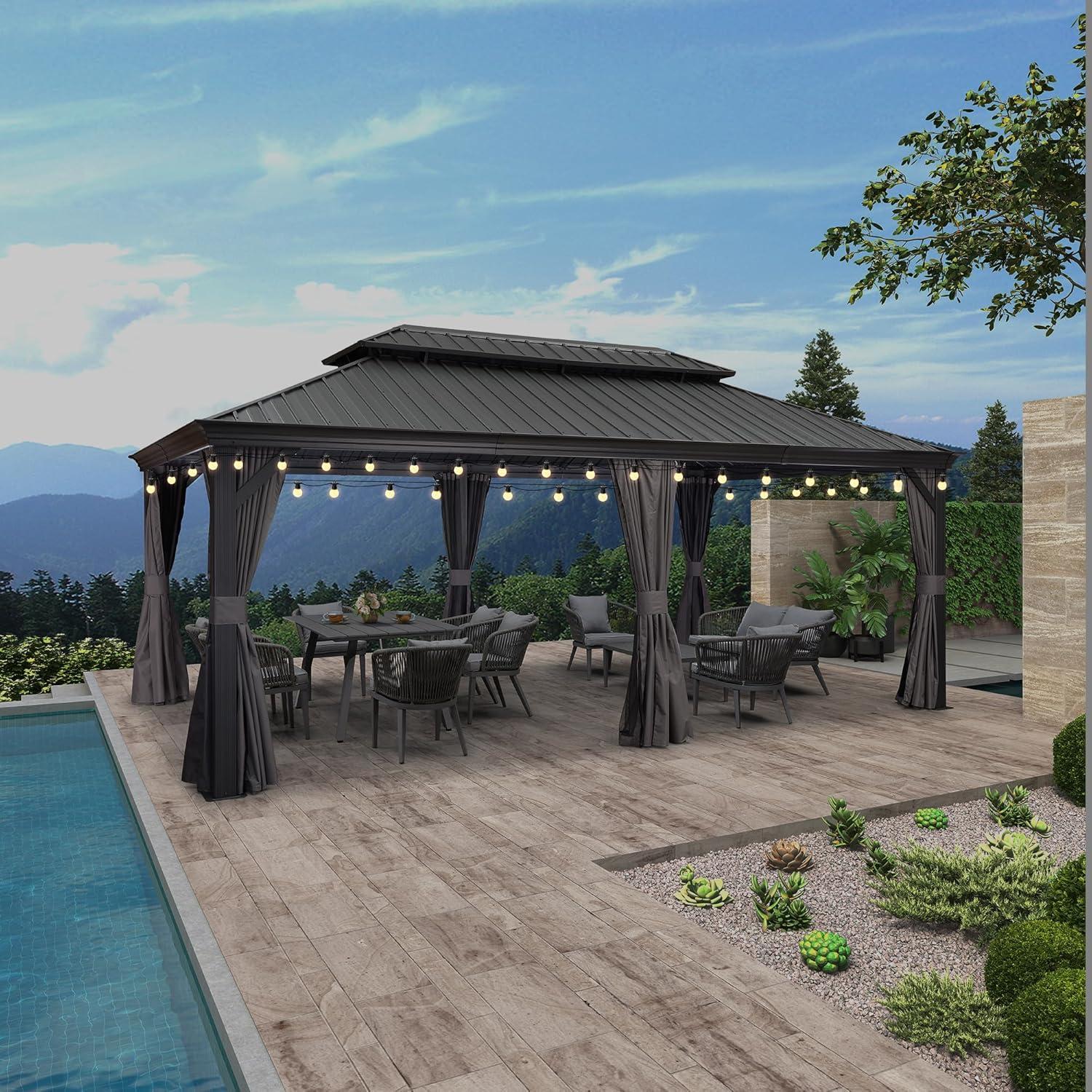image:imagePURPLE LEAF 10 X 12 Permanent Hardtop Gazebo Aluminum Gazebo with Galvanized Steel Double Roof for Patio Lawn and Garden Curtains and Netting Included GreyGrey with Lights