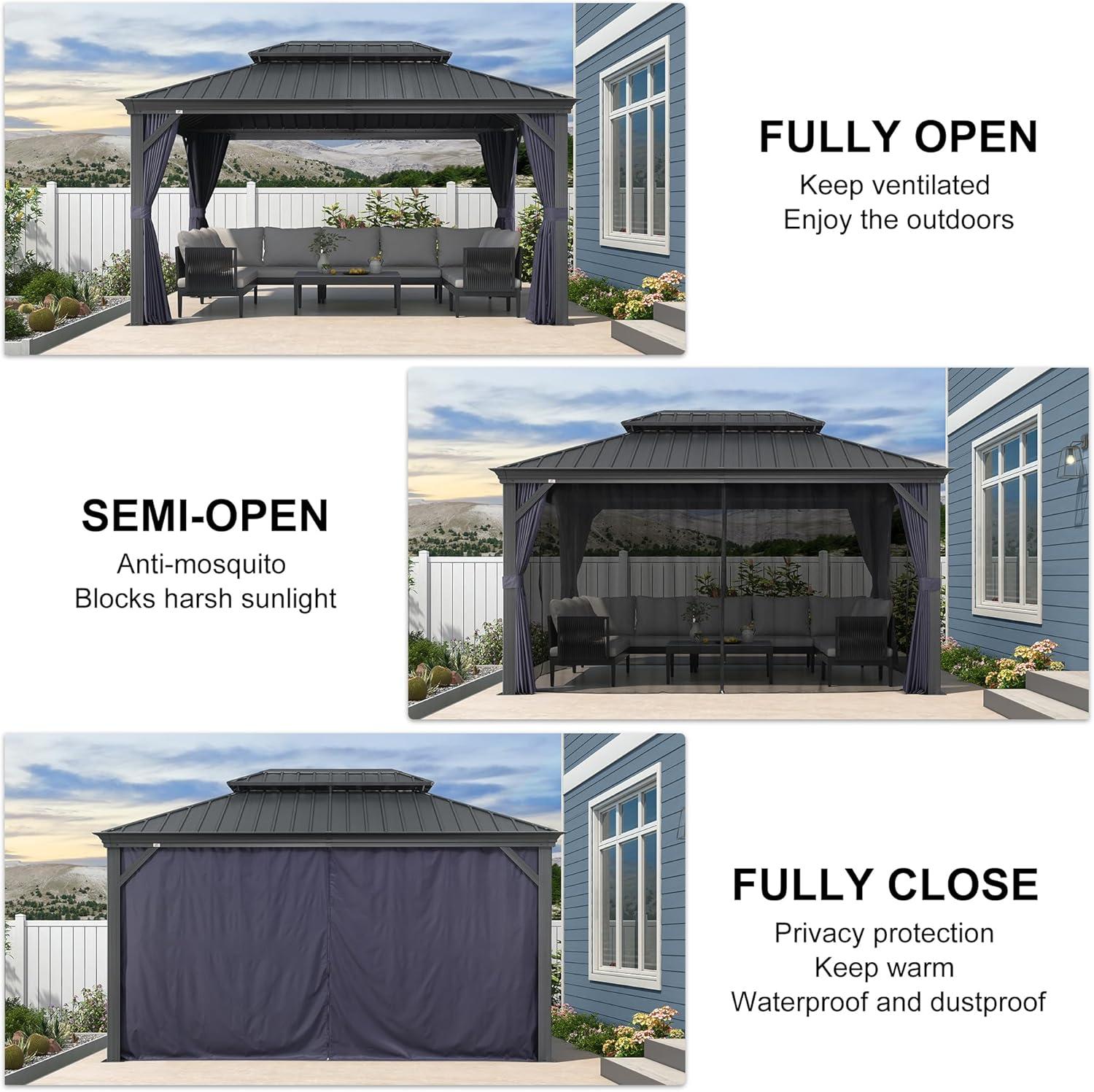 image:imagePURPLE LEAF 10 X 12 Permanent Hardtop Gazebo Aluminum Gazebo with Galvanized Steel Double Roof for Patio Lawn and Garden Curtains and Netting Included GreyNavy Blue
