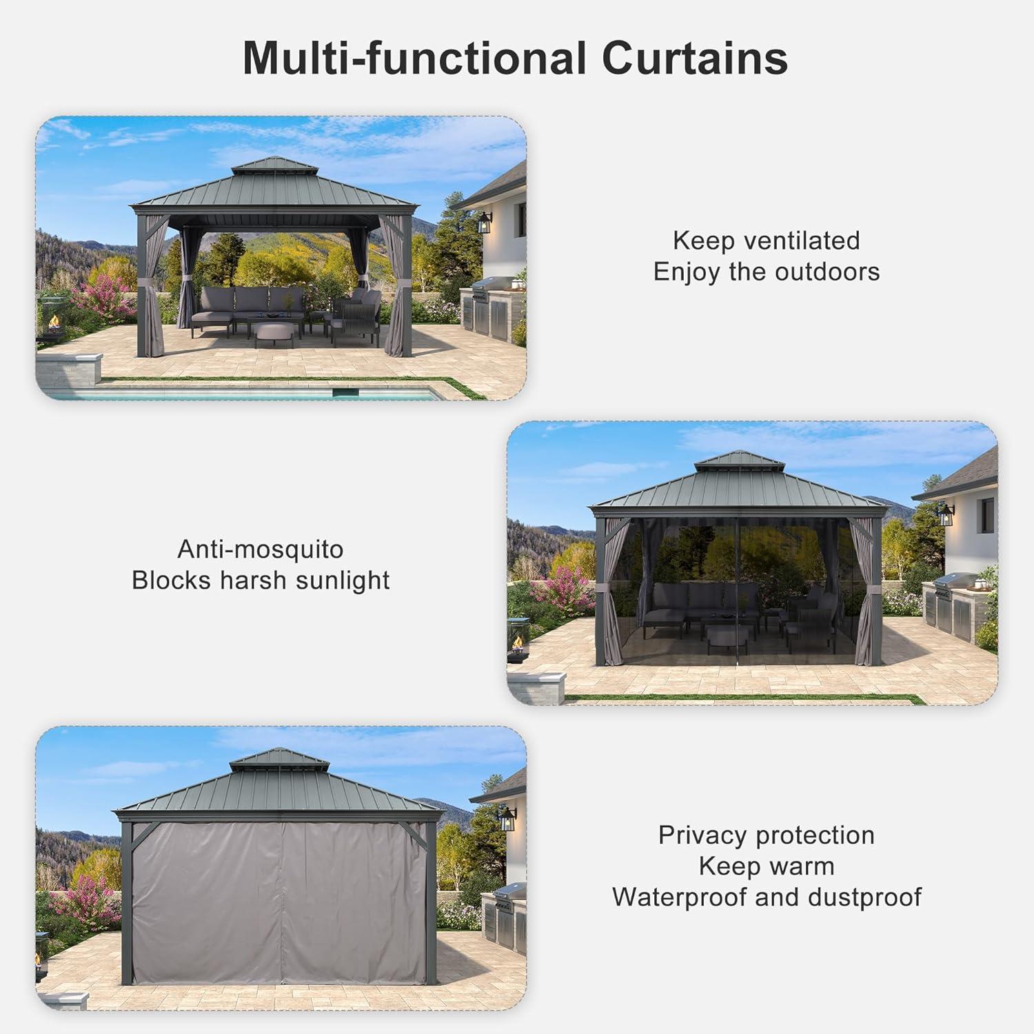 image:imagePURPLE LEAF 10 X 12 Permanent Hardtop Gazebo Aluminum Gazebo with Galvanized Steel Double Roof for Patio Lawn and Garden Curtains and Netting Included GreyGrey with Lights