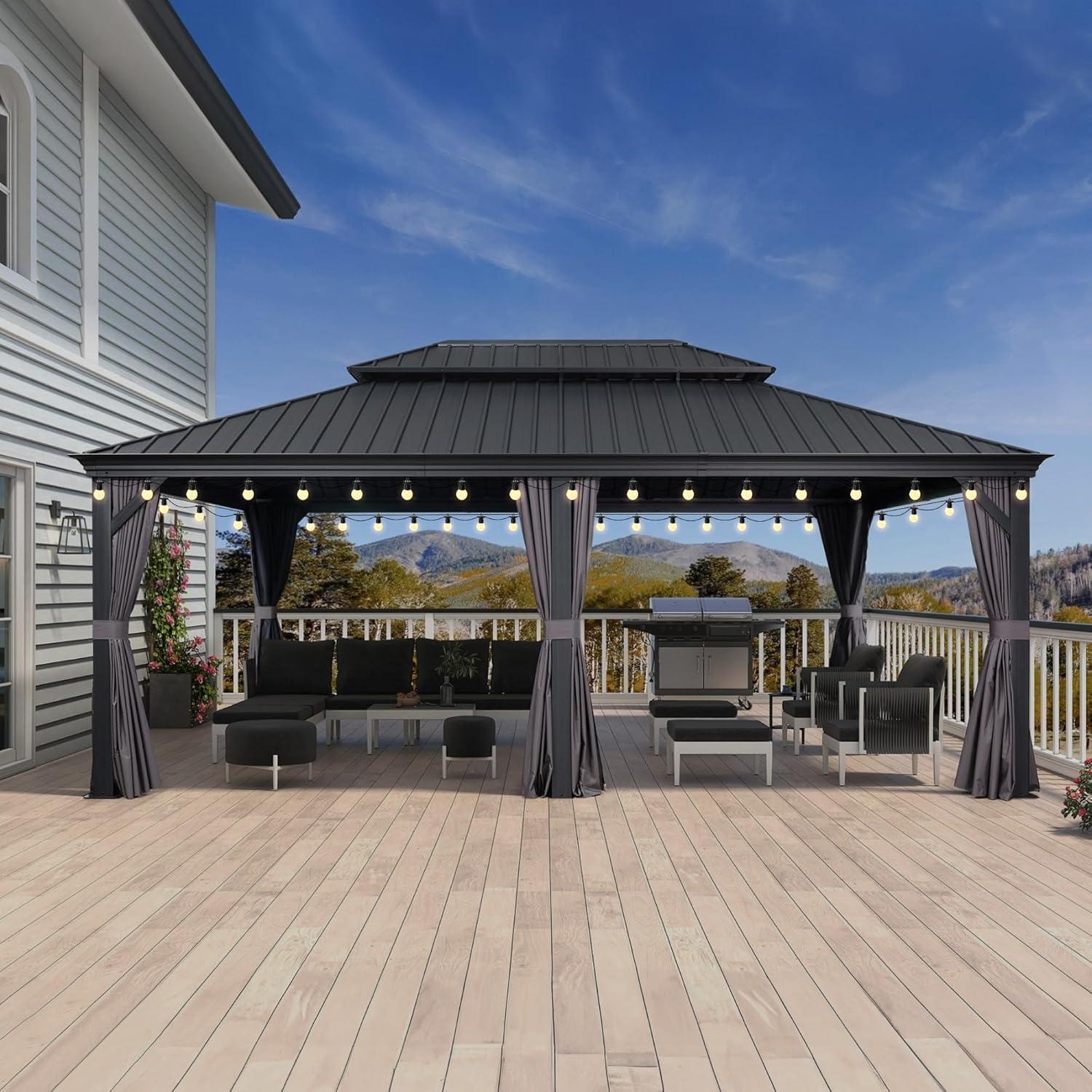 image:imagePURPLE LEAF 10 X 12 Permanent Hardtop Gazebo Aluminum Gazebo with Galvanized Steel Double Roof for Patio Lawn and Garden Curtains and Netting Included GreyGrey with Lights