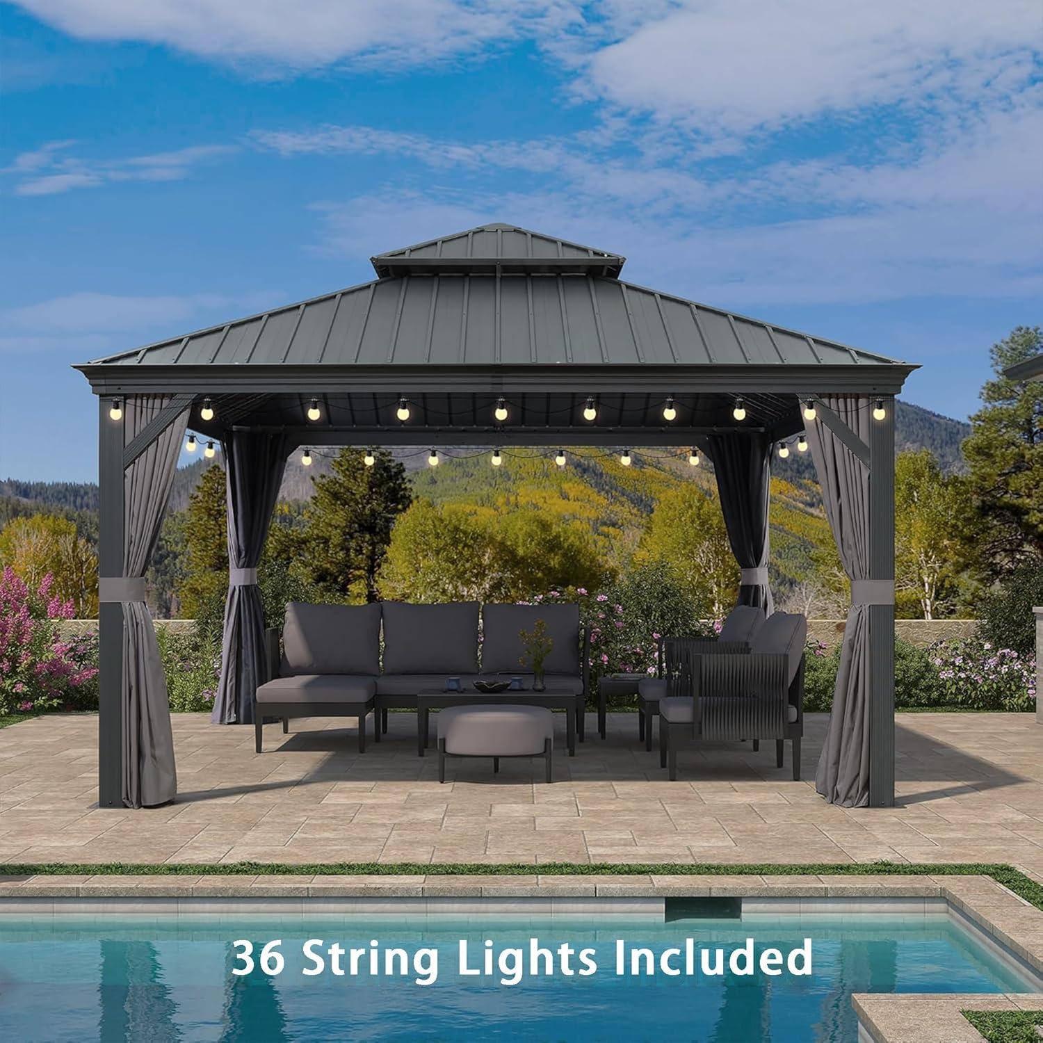 image:imagePURPLE LEAF 10 X 12 Permanent Hardtop Gazebo Aluminum Gazebo with Galvanized Steel Double Roof for Patio Lawn and Garden Curtains and Netting Included GreyGrey with Lights