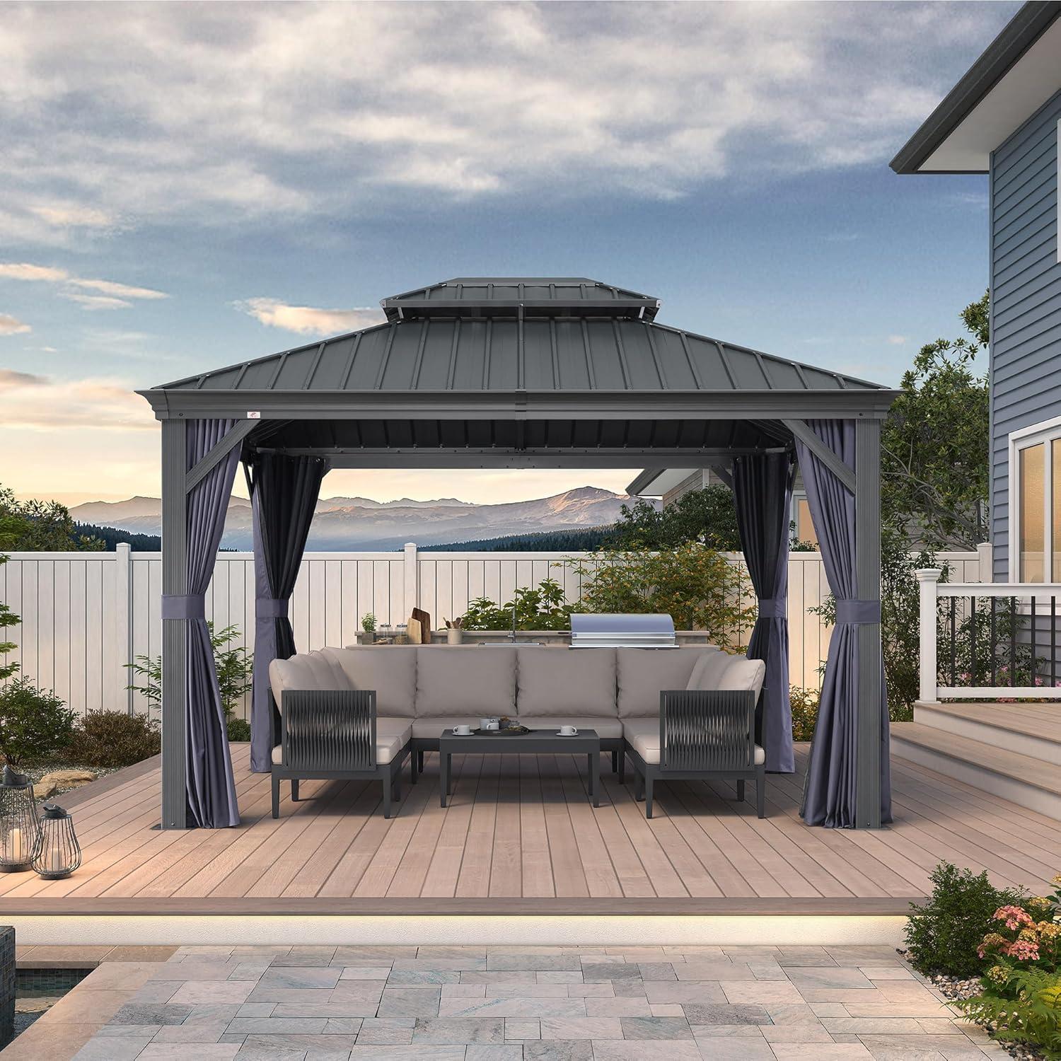 image:imagePURPLE LEAF 10 X 12 Permanent Hardtop Gazebo Aluminum Gazebo with Galvanized Steel Double Roof for Patio Lawn and Garden Curtains and Netting Included GreyNavy Blue