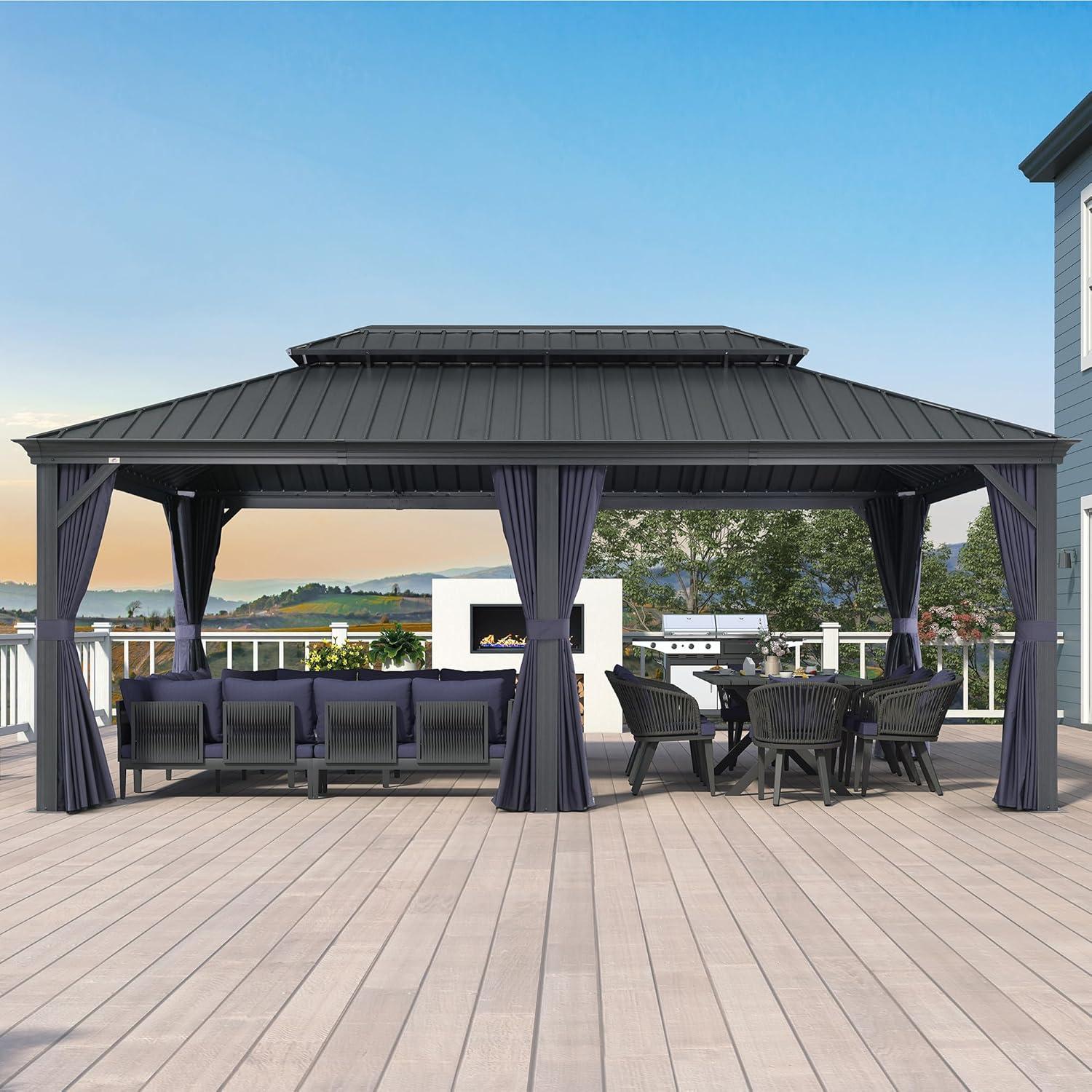 image:imagePURPLE LEAF 10 X 12 Permanent Hardtop Gazebo Aluminum Gazebo with Galvanized Steel Double Roof for Patio Lawn and Garden Curtains and Netting Included GreyNavy Blue