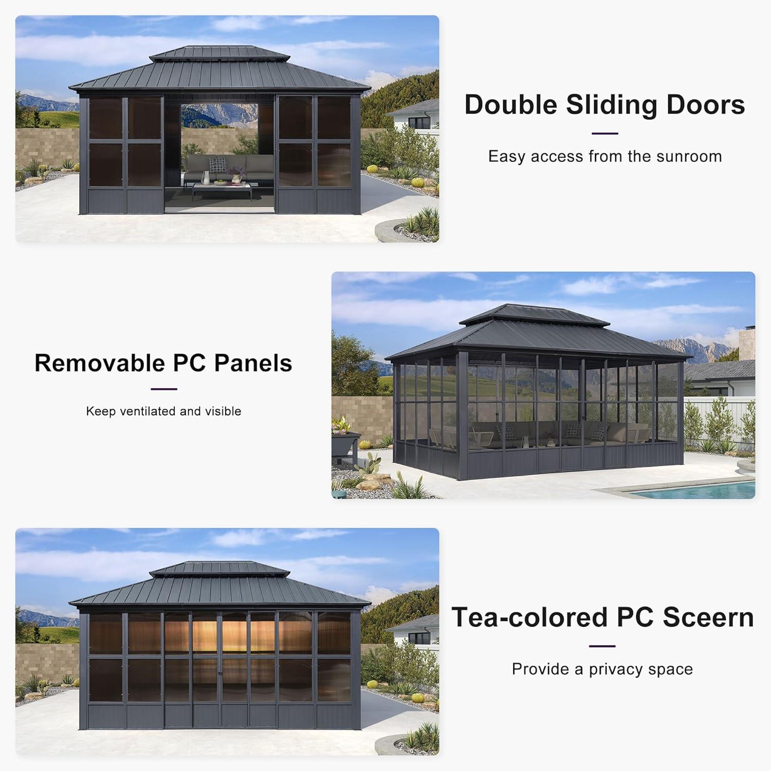 image:imagePURPLE LEAF 10 X 12 Permanent Hardtop Gazebo Aluminum Gazebo with Galvanized Steel Double Roof for Patio Lawn and Garden Curtains and Netting Included Greyw Brown Screen