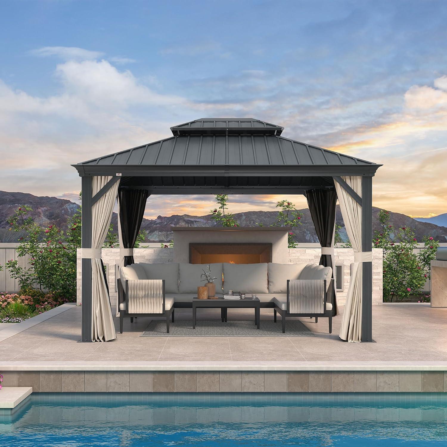 image:imagePURPLE LEAF 10 X 12 Permanent Hardtop Gazebo Aluminum Gazebo with Galvanized Steel Double Roof for Patio Lawn and Garden Curtains and Netting Included GreyBeige