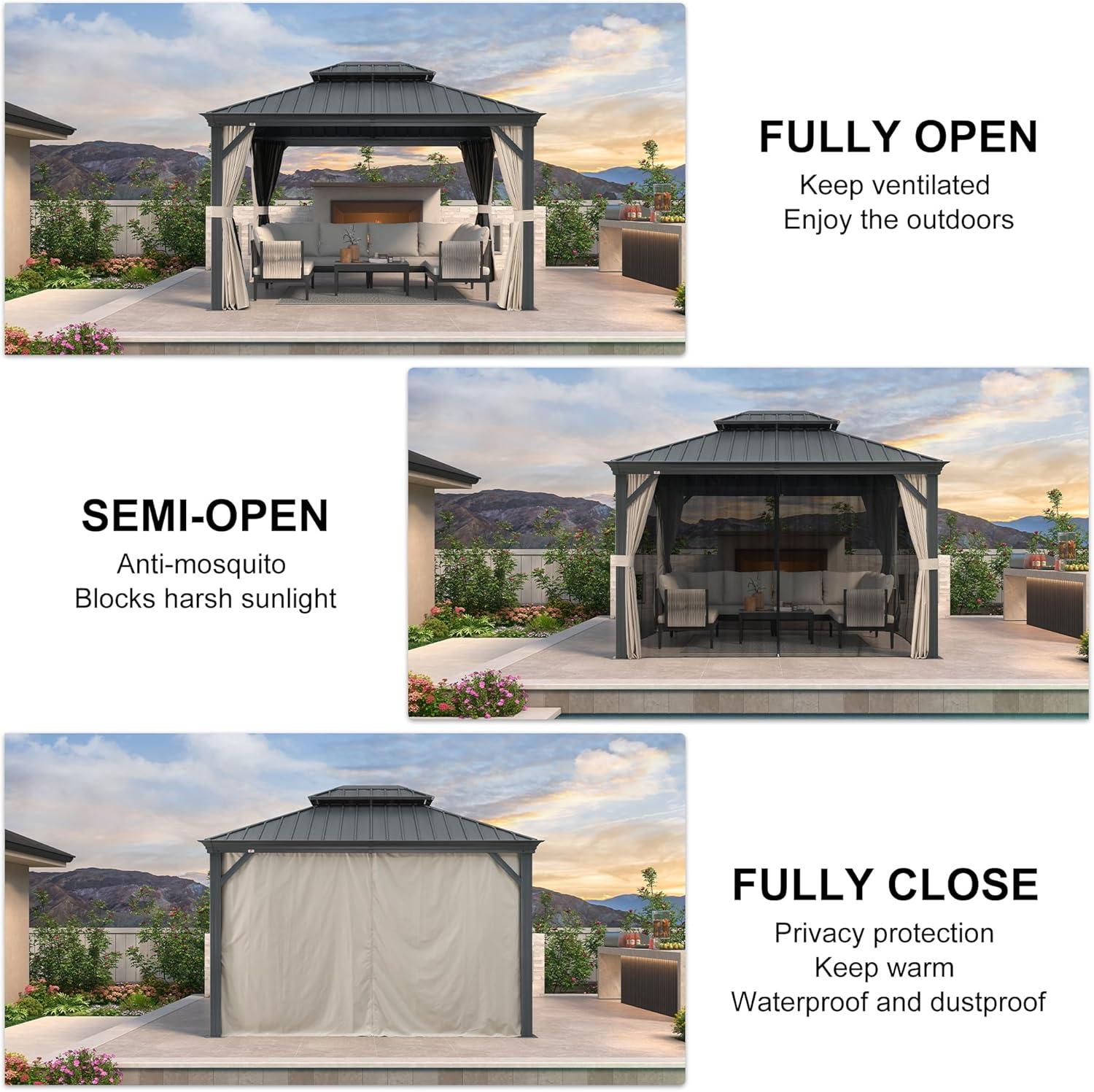 image:imagePURPLE LEAF 10 X 12 Permanent Hardtop Gazebo Aluminum Gazebo with Galvanized Steel Double Roof for Patio Lawn and Garden Curtains and Netting Included GreyBeige