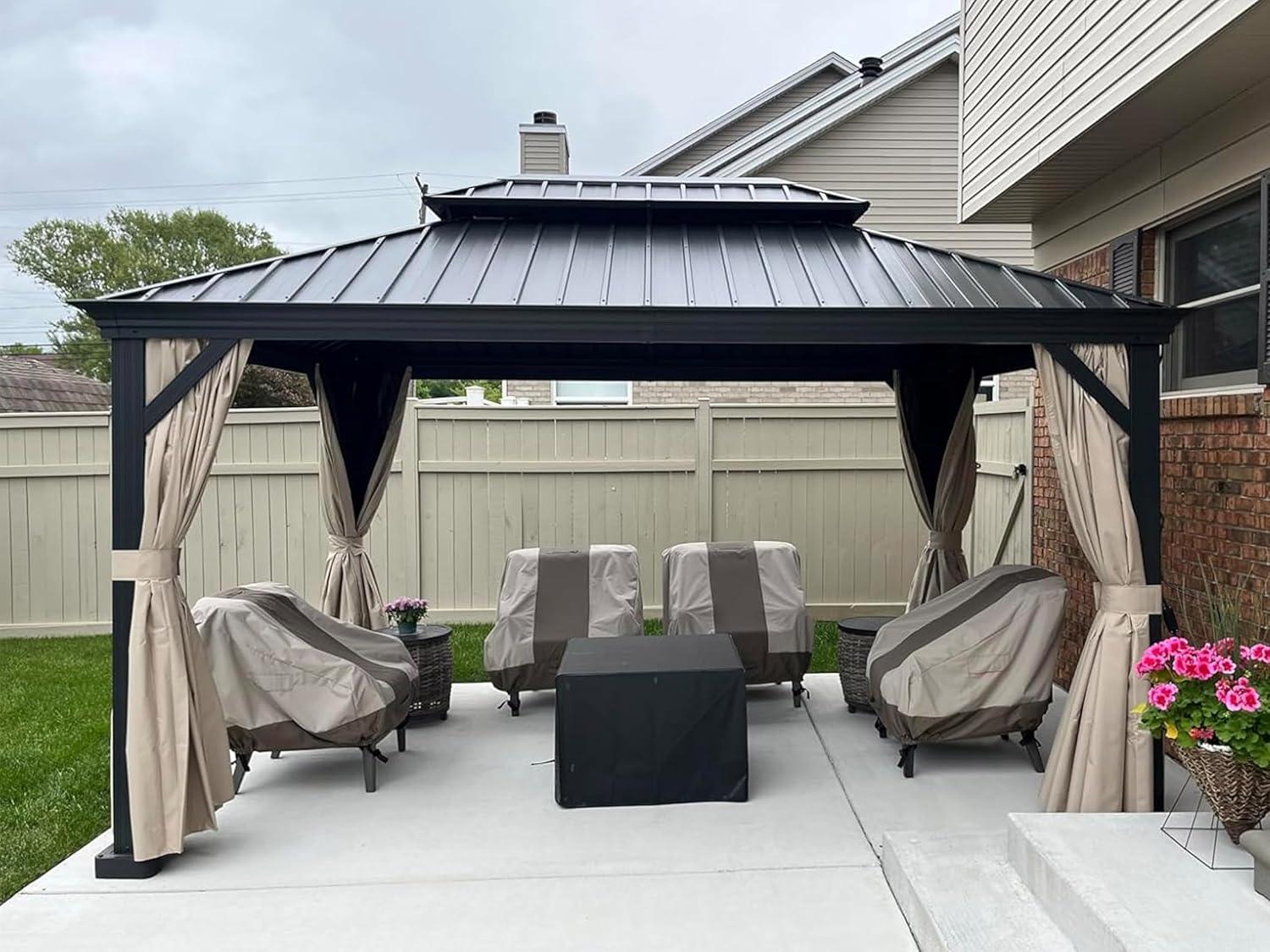 image:imagePURPLE LEAF 10 X 12 Permanent Hardtop Gazebo Aluminum Gazebo with Galvanized Steel Double Roof for Patio Lawn and Garden Curtains and Netting Included GreyBeige