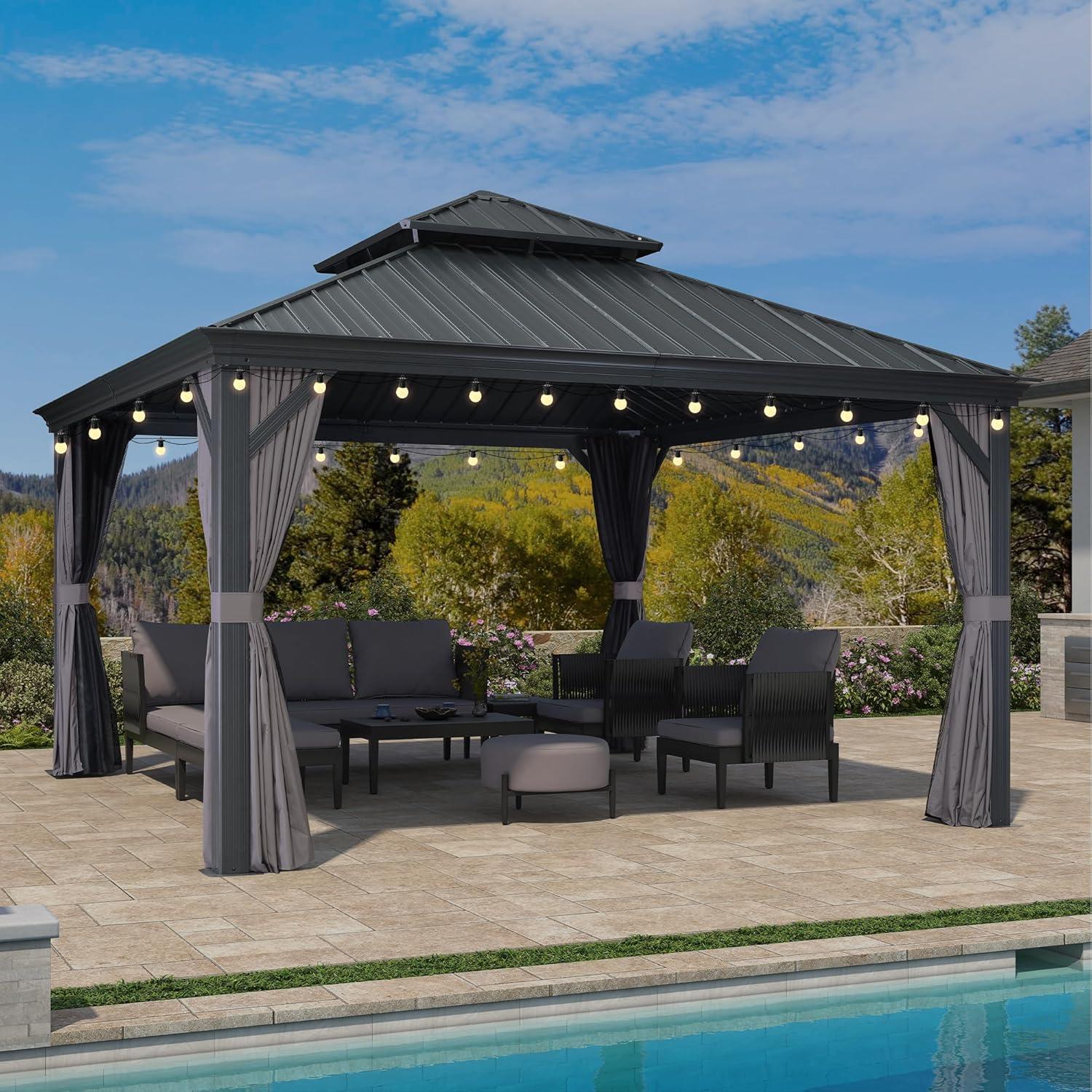 image:imagePURPLE LEAF 10 X 12 Permanent Hardtop Gazebo Aluminum Gazebo with Galvanized Steel Double Roof for Patio Lawn and Garden Curtains and Netting Included GreyGrey with Lights