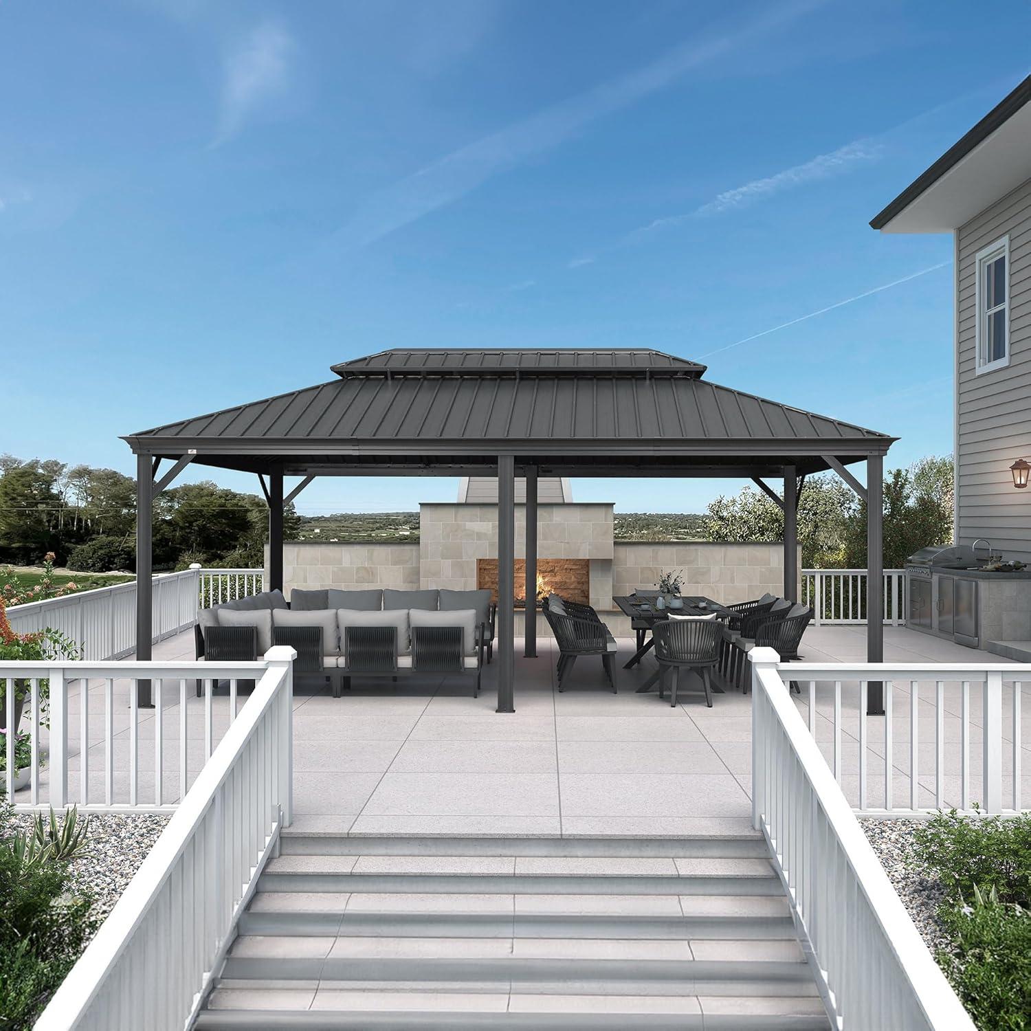 image:imagePURPLE LEAF 10 X 12 Permanent Hardtop Gazebo Aluminum Gazebo with Galvanized Steel Double Roof for Patio Lawn and Garden Curtains and Netting Included GreyGrey Frame Only