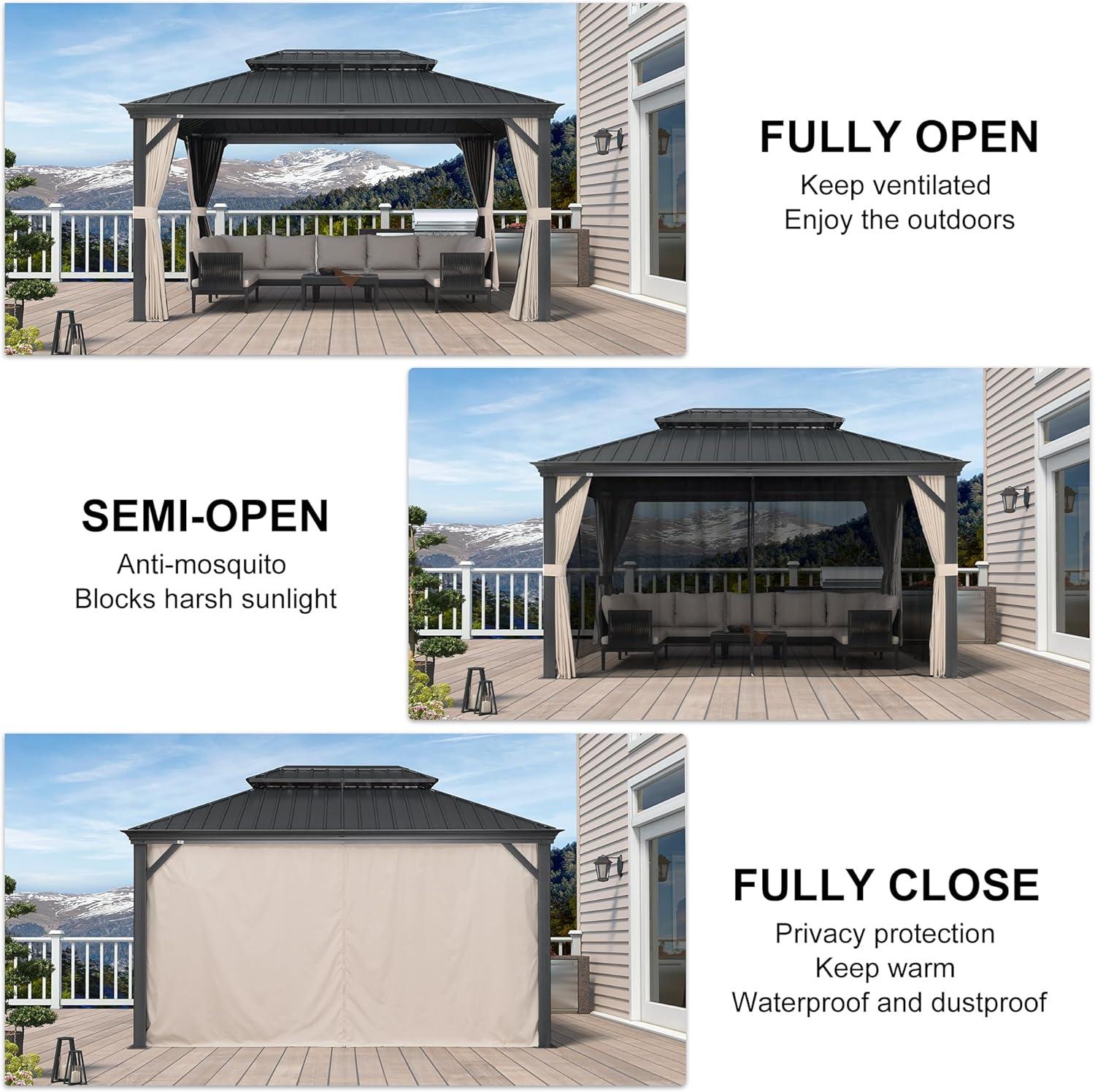 image:imagePURPLE LEAF 10 X 12 Permanent Hardtop Gazebo Aluminum Gazebo with Galvanized Steel Double Roof for Patio Lawn and Garden Curtains and Netting Included GreyBeige