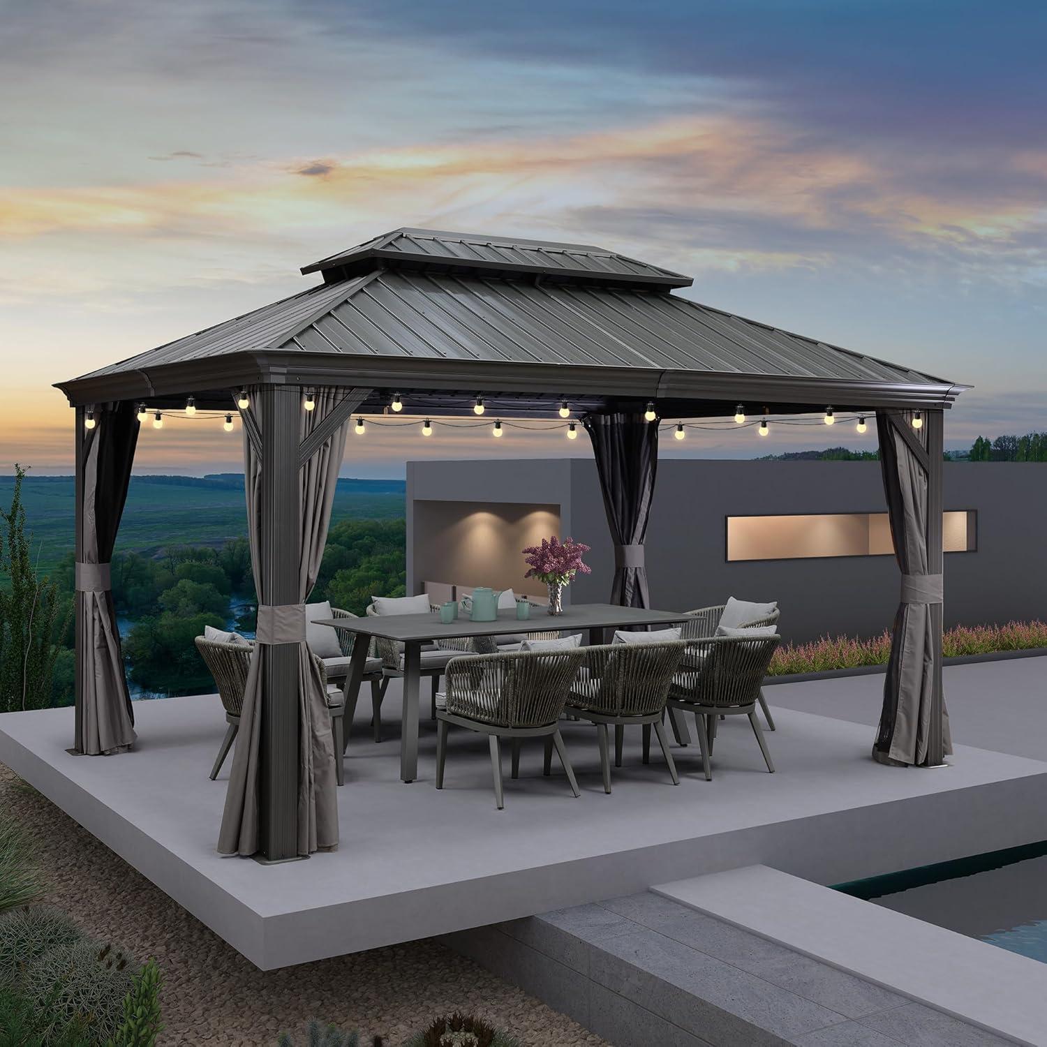 image:imagePURPLE LEAF 10 X 12 Permanent Hardtop Gazebo Aluminum Gazebo with Galvanized Steel Double Roof for Patio Lawn and Garden Curtains and Netting Included GreyGrey with Lights