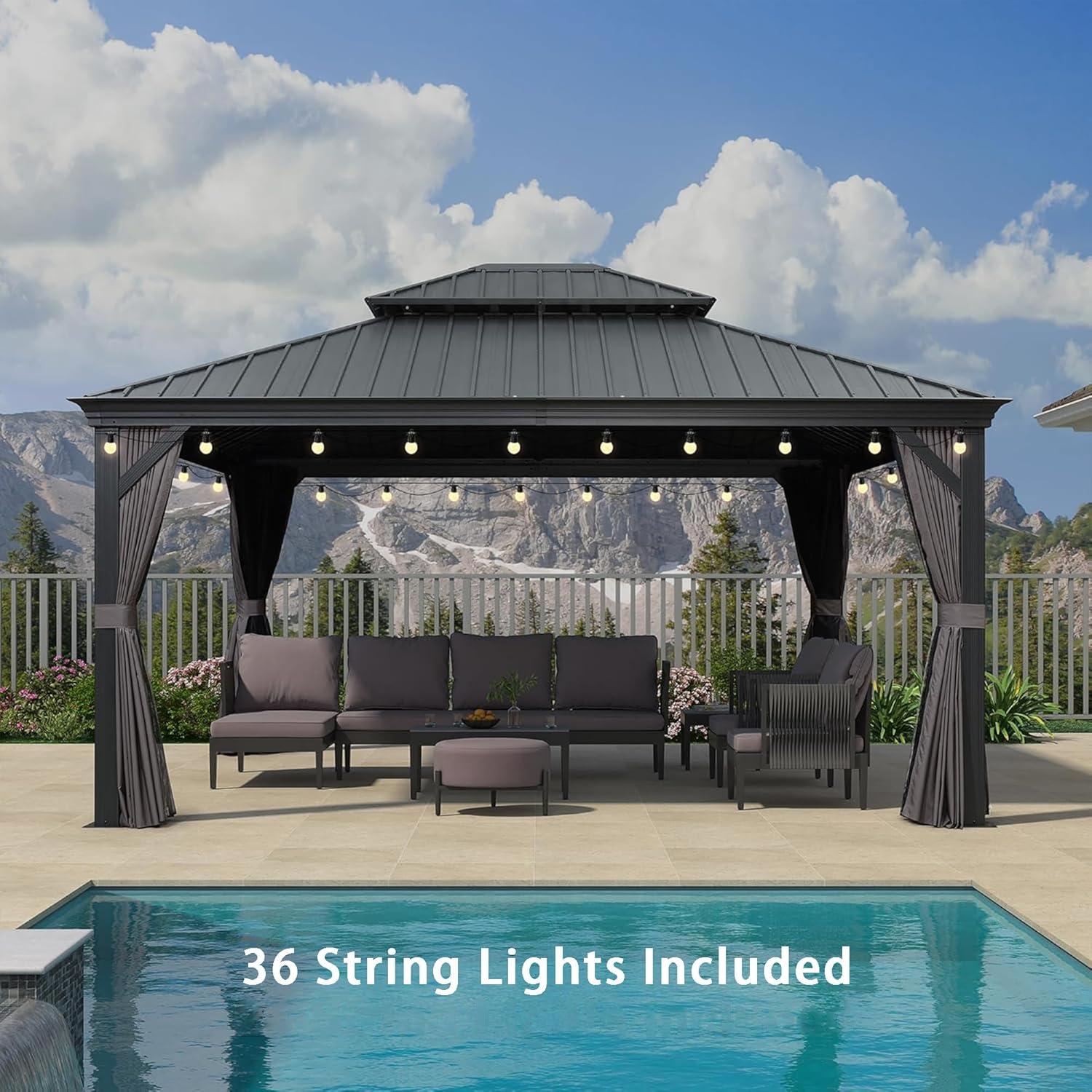 image:imagePURPLE LEAF 10 X 12 Permanent Hardtop Gazebo Aluminum Gazebo with Galvanized Steel Double Roof for Patio Lawn and Garden Curtains and Netting Included GreyGrey with Lights