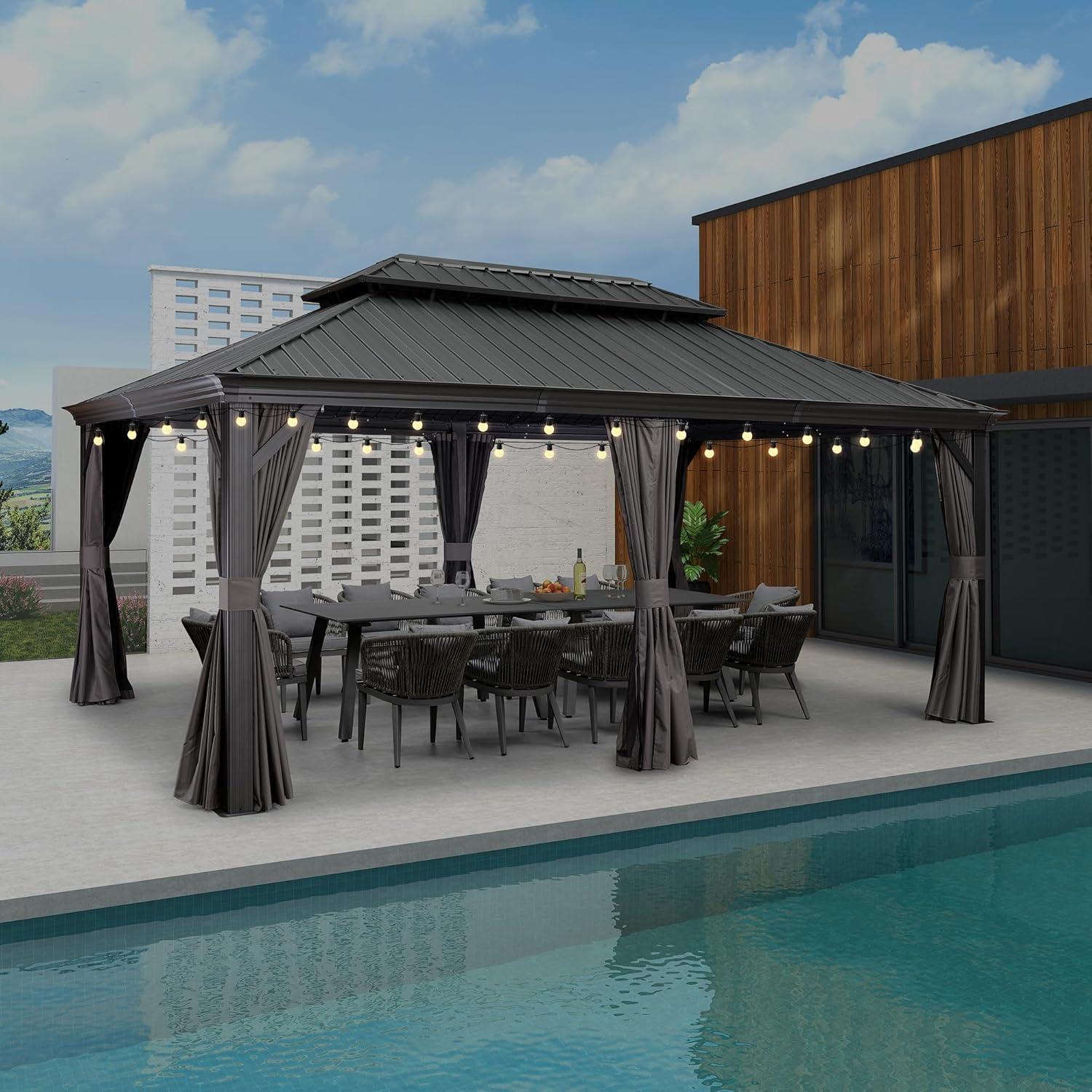 image:imagePURPLE LEAF 10 X 12 Permanent Hardtop Gazebo Aluminum Gazebo with Galvanized Steel Double Roof for Patio Lawn and Garden Curtains and Netting Included GreyGrey with Lights