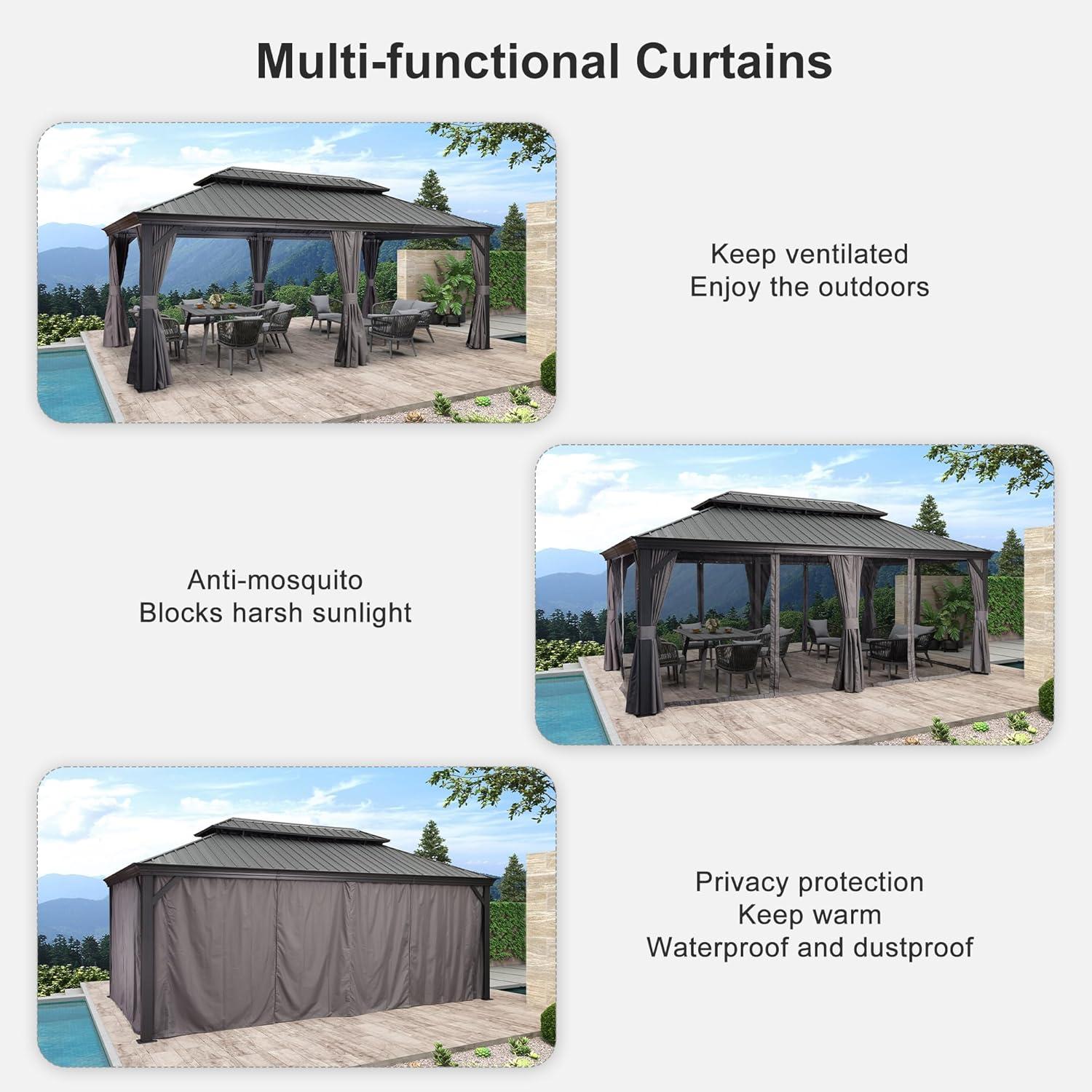image:imagePURPLE LEAF 10 X 12 Permanent Hardtop Gazebo Aluminum Gazebo with Galvanized Steel Double Roof for Patio Lawn and Garden Curtains and Netting Included GreyGrey with Lights