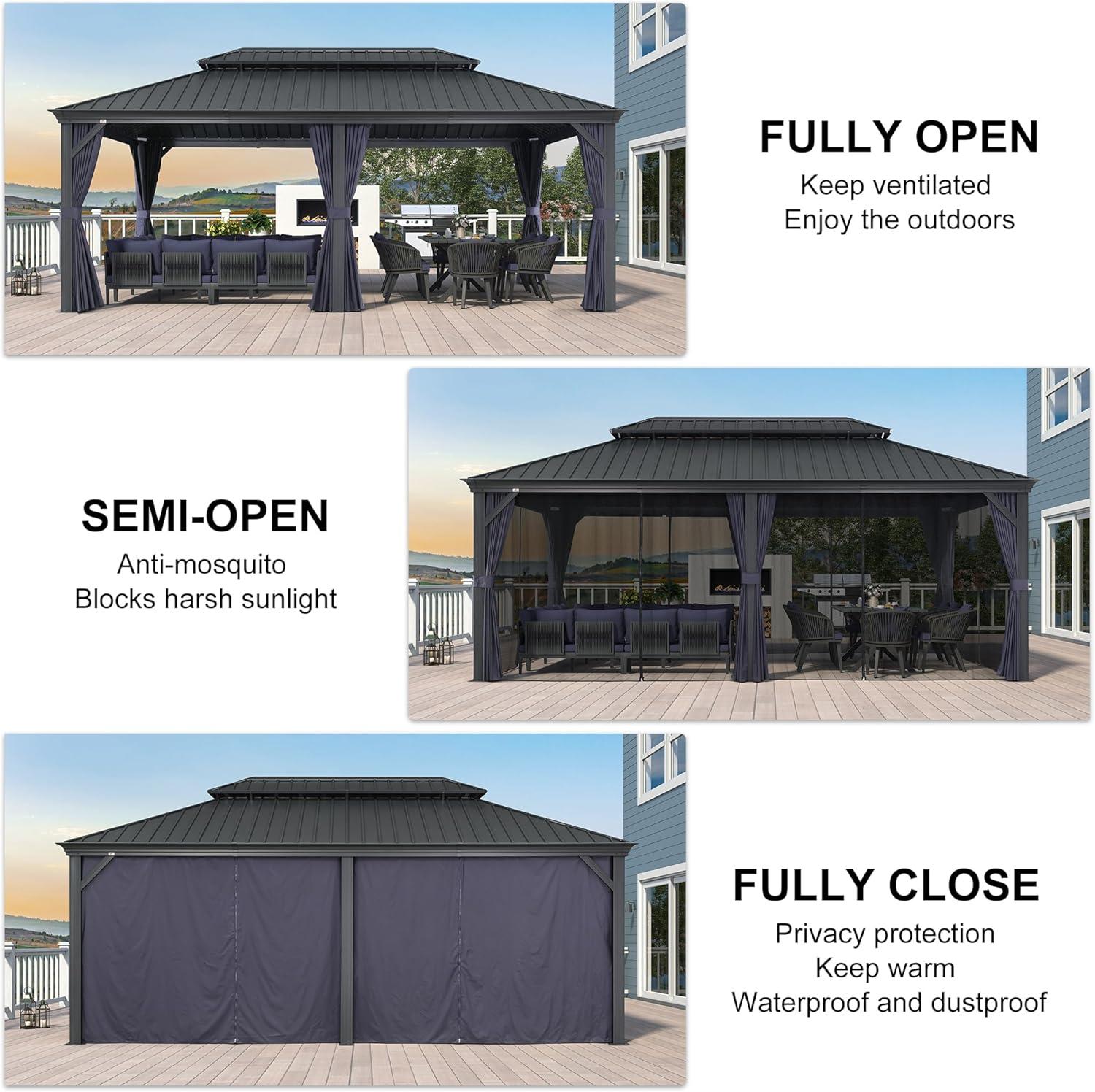 image:imagePURPLE LEAF 10 X 12 Permanent Hardtop Gazebo Aluminum Gazebo with Galvanized Steel Double Roof for Patio Lawn and Garden Curtains and Netting Included GreyNavy Blue