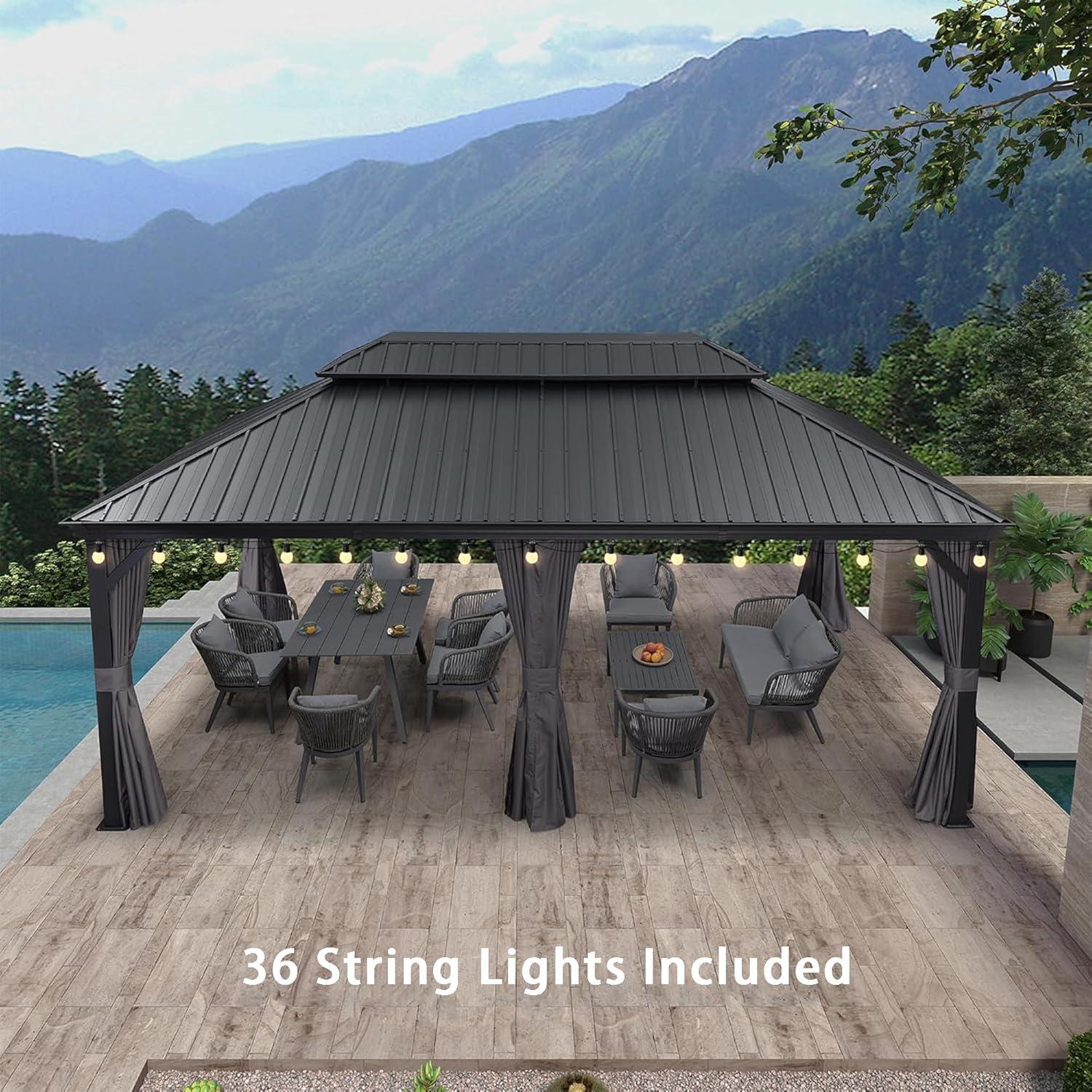image:imagePURPLE LEAF 10 X 12 Permanent Hardtop Gazebo Aluminum Gazebo with Galvanized Steel Double Roof for Patio Lawn and Garden Curtains and Netting Included GreyGrey with Lights
