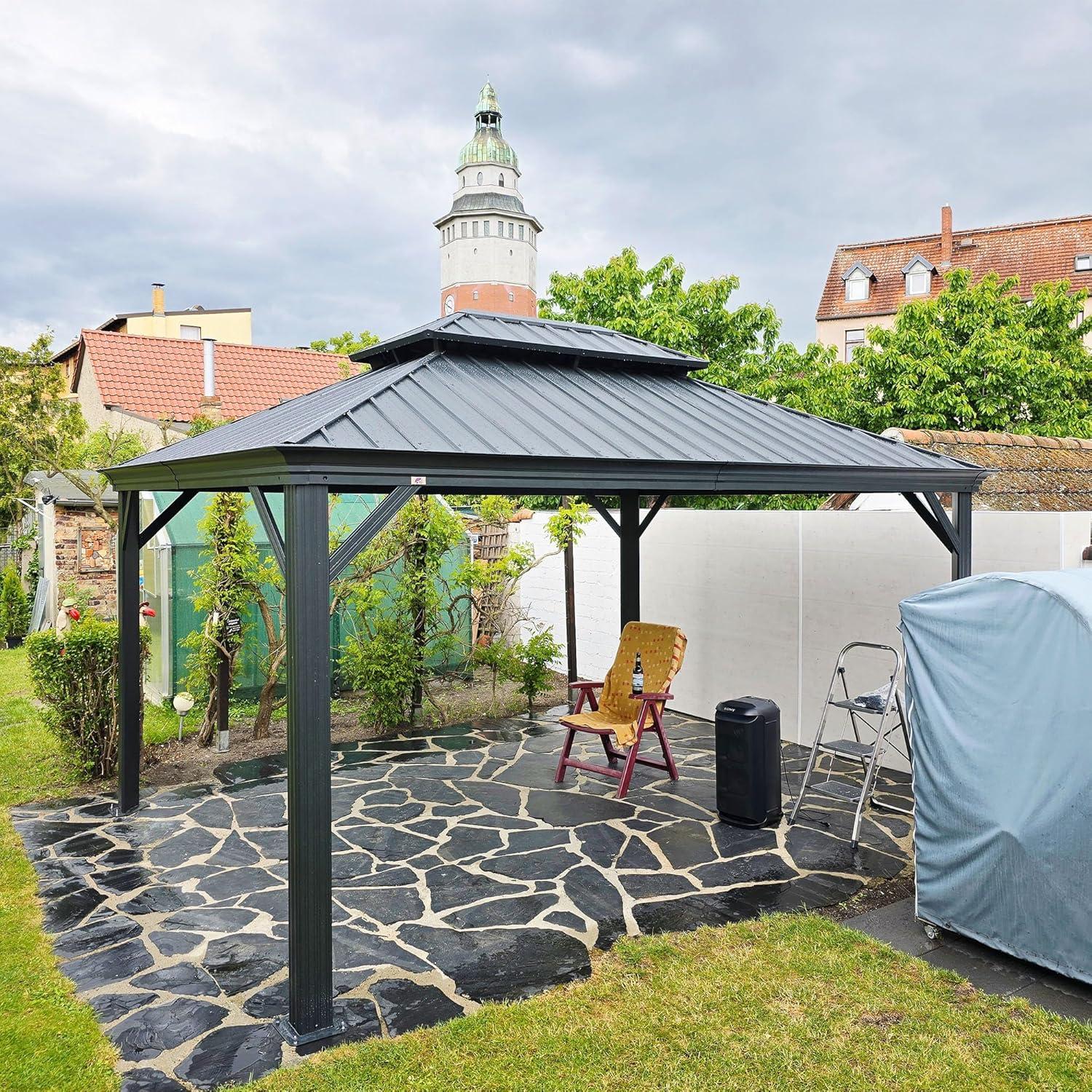 image:imagePURPLE LEAF 10 X 12 Permanent Hardtop Gazebo Aluminum Gazebo with Galvanized Steel Double Roof for Patio Lawn and Garden Curtains and Netting Included GreyGrey Frame Only