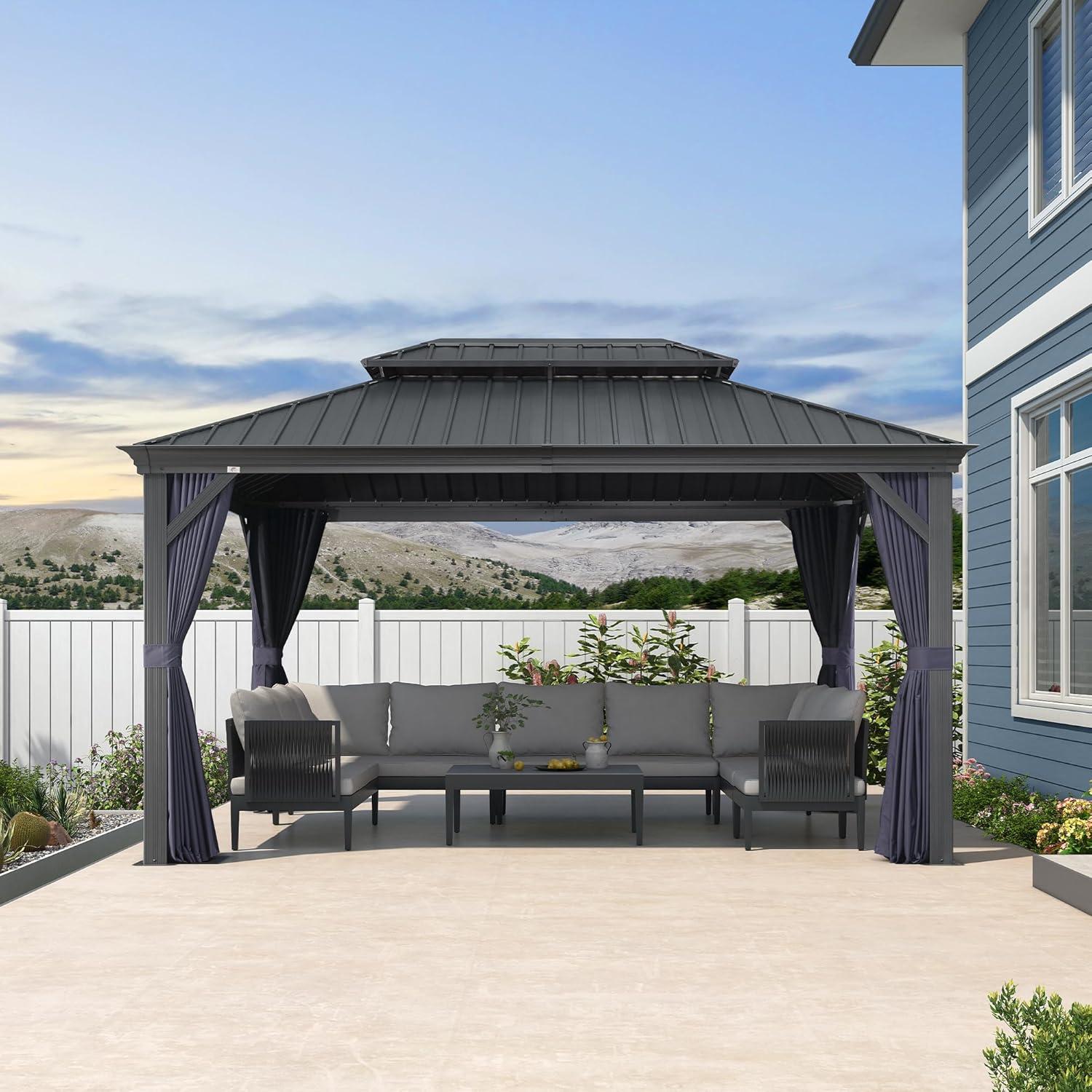 image:imagePURPLE LEAF 10 X 12 Permanent Hardtop Gazebo Aluminum Gazebo with Galvanized Steel Double Roof for Patio Lawn and Garden Curtains and Netting Included GreyNavy Blue