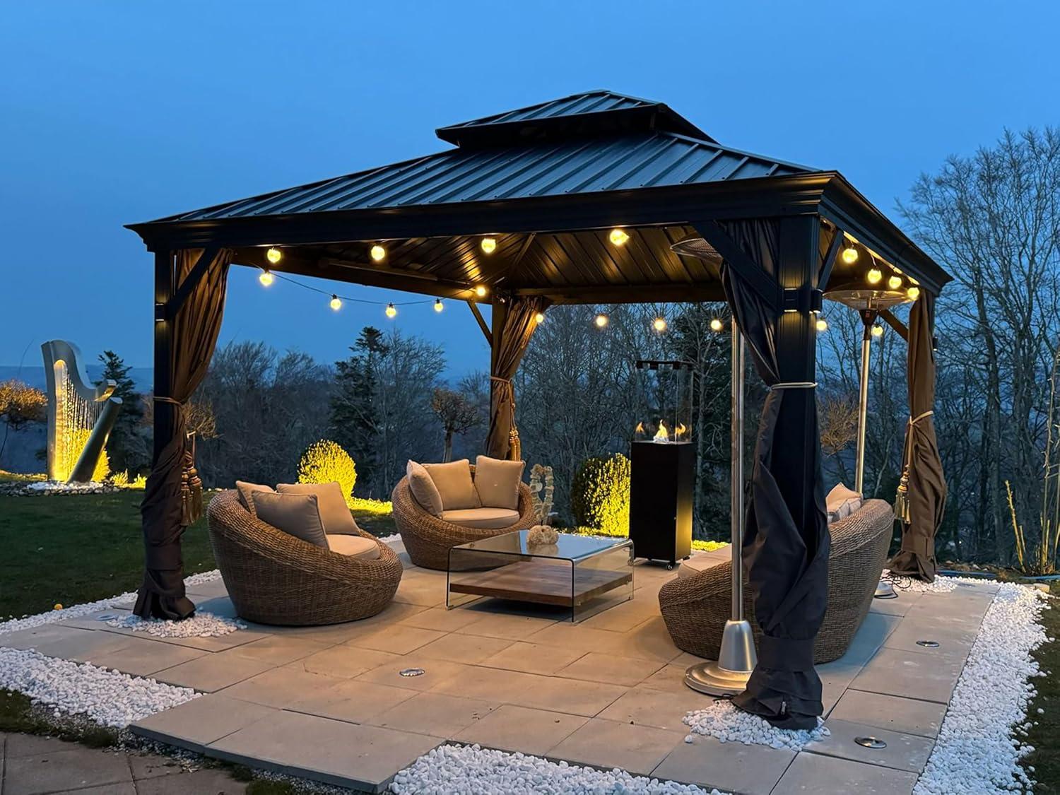 image:imagePURPLE LEAF 10 X 12 Permanent Hardtop Gazebo Aluminum Gazebo with Galvanized Steel Double Roof for Patio Lawn and Garden Curtains and Netting Included GreyGrey with Lights
