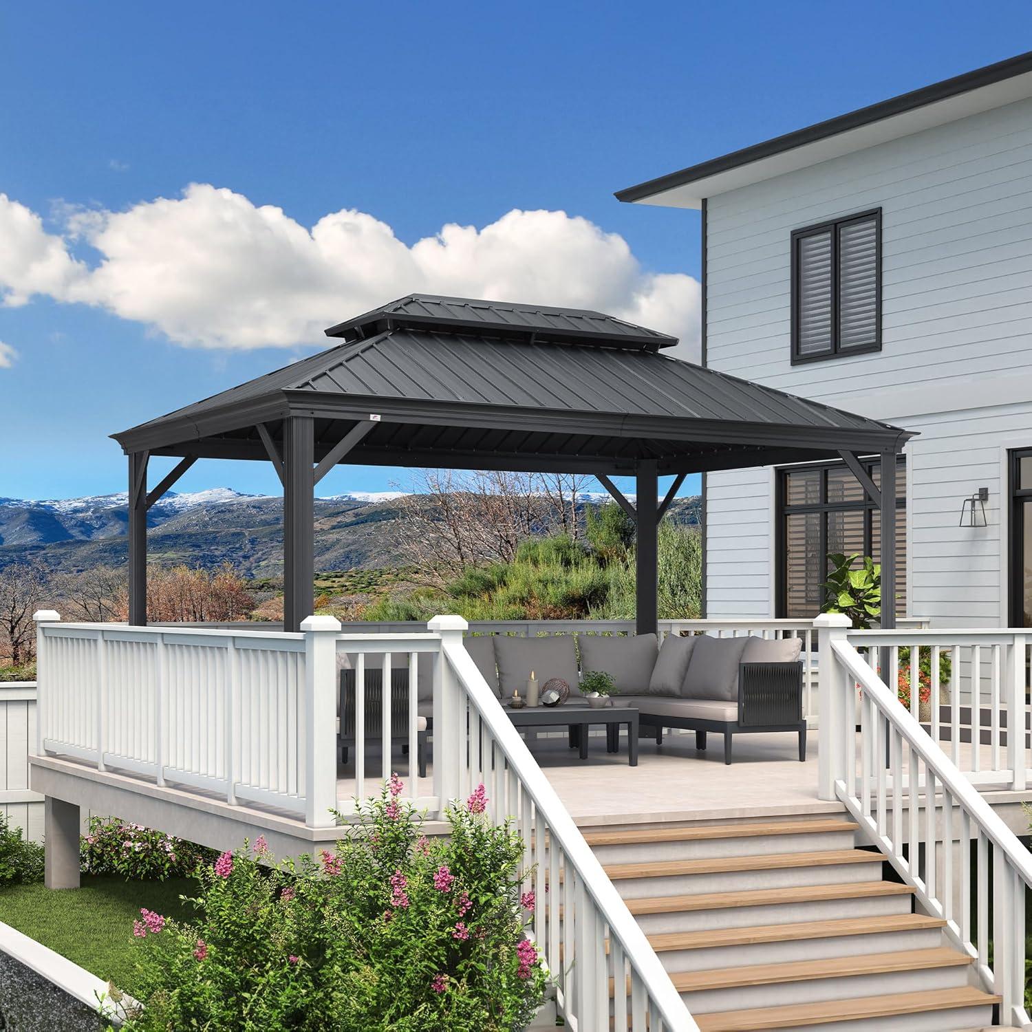 image:imagePURPLE LEAF 10 X 12 Permanent Hardtop Gazebo Aluminum Gazebo with Galvanized Steel Double Roof for Patio Lawn and Garden Curtains and Netting Included GreyGrey Frame Only