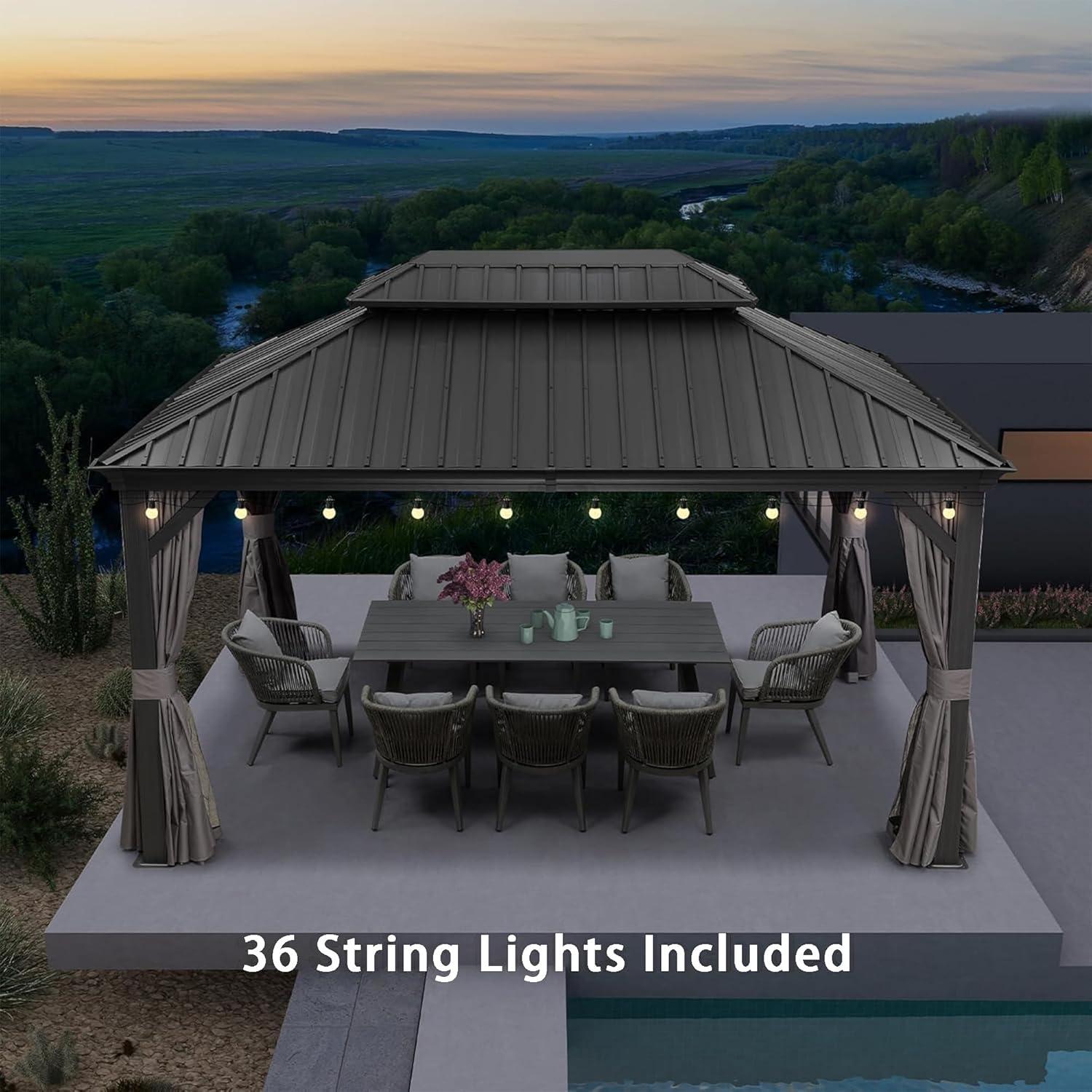 image:imagePURPLE LEAF 10 X 12 Permanent Hardtop Gazebo Aluminum Gazebo with Galvanized Steel Double Roof for Patio Lawn and Garden Curtains and Netting Included GreyGrey with Lights