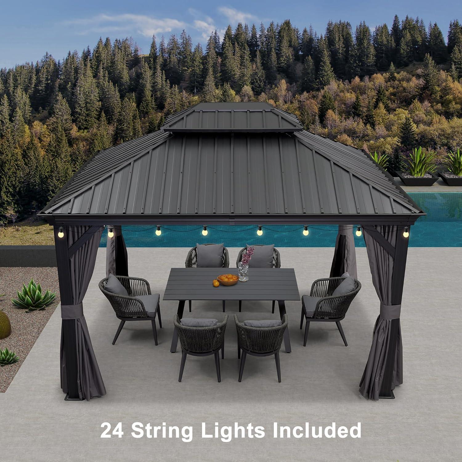 image:imagePURPLE LEAF 10 X 12 Permanent Hardtop Gazebo Aluminum Gazebo with Galvanized Steel Double Roof for Patio Lawn and Garden Curtains and Netting Included GreyGrey with Lights
