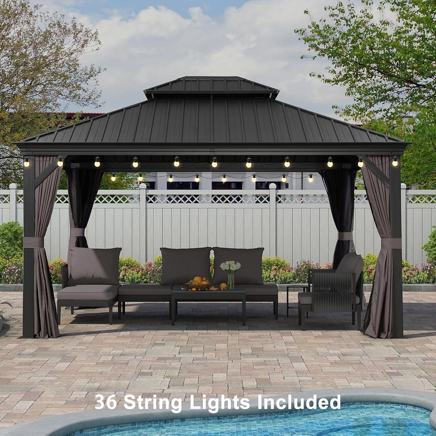 image:imagePURPLE LEAF 10 X 12 Permanent Hardtop Gazebo Aluminum Gazebo with Galvanized Steel Double Roof for Patio Lawn and Garden Curtains and Netting Included GreyGrey with Lights