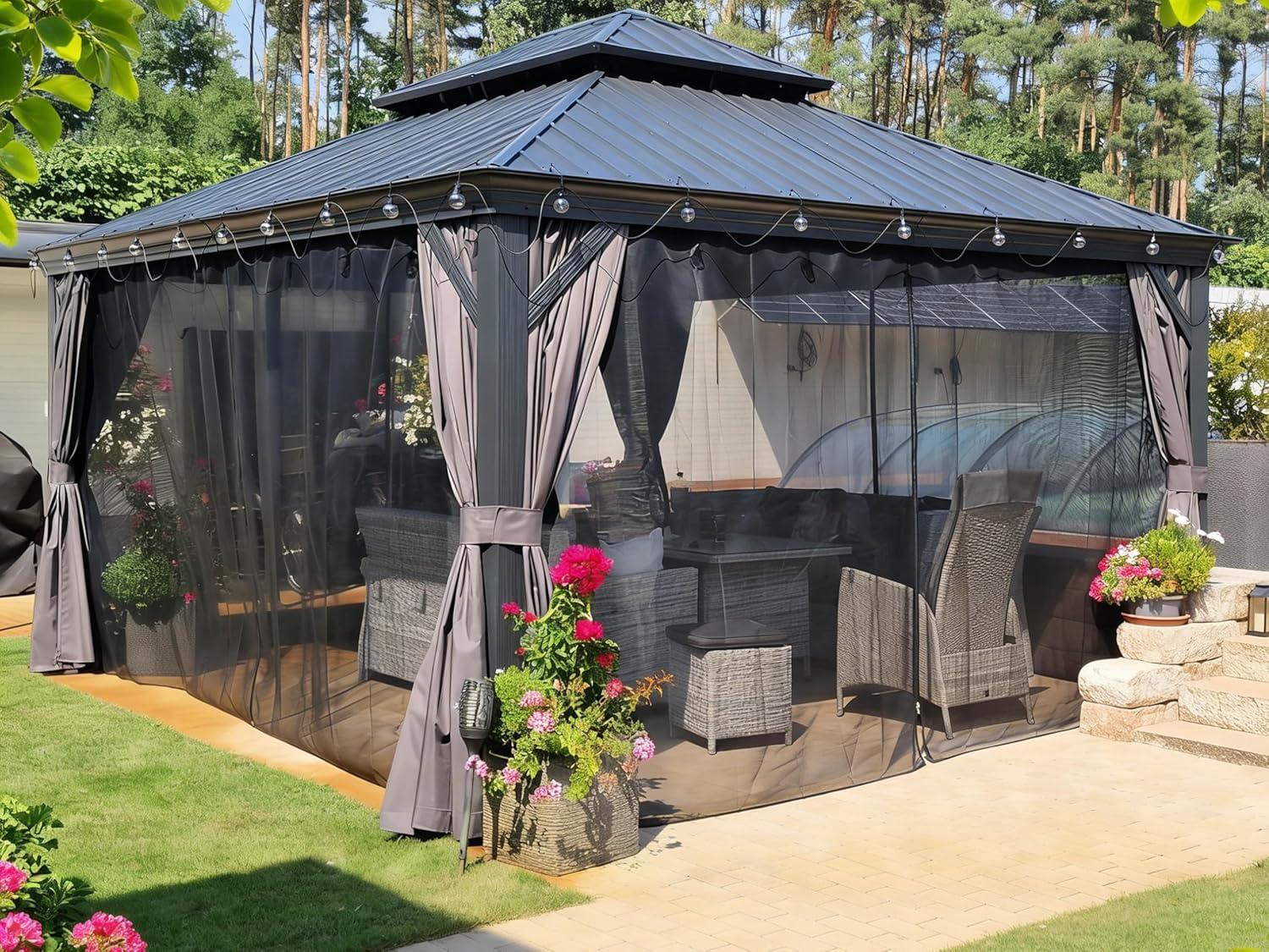 image:imagePURPLE LEAF 10 X 12 Permanent Hardtop Gazebo Aluminum Gazebo with Galvanized Steel Double Roof for Patio Lawn and Garden Curtains and Netting Included GreyGrey with Lights