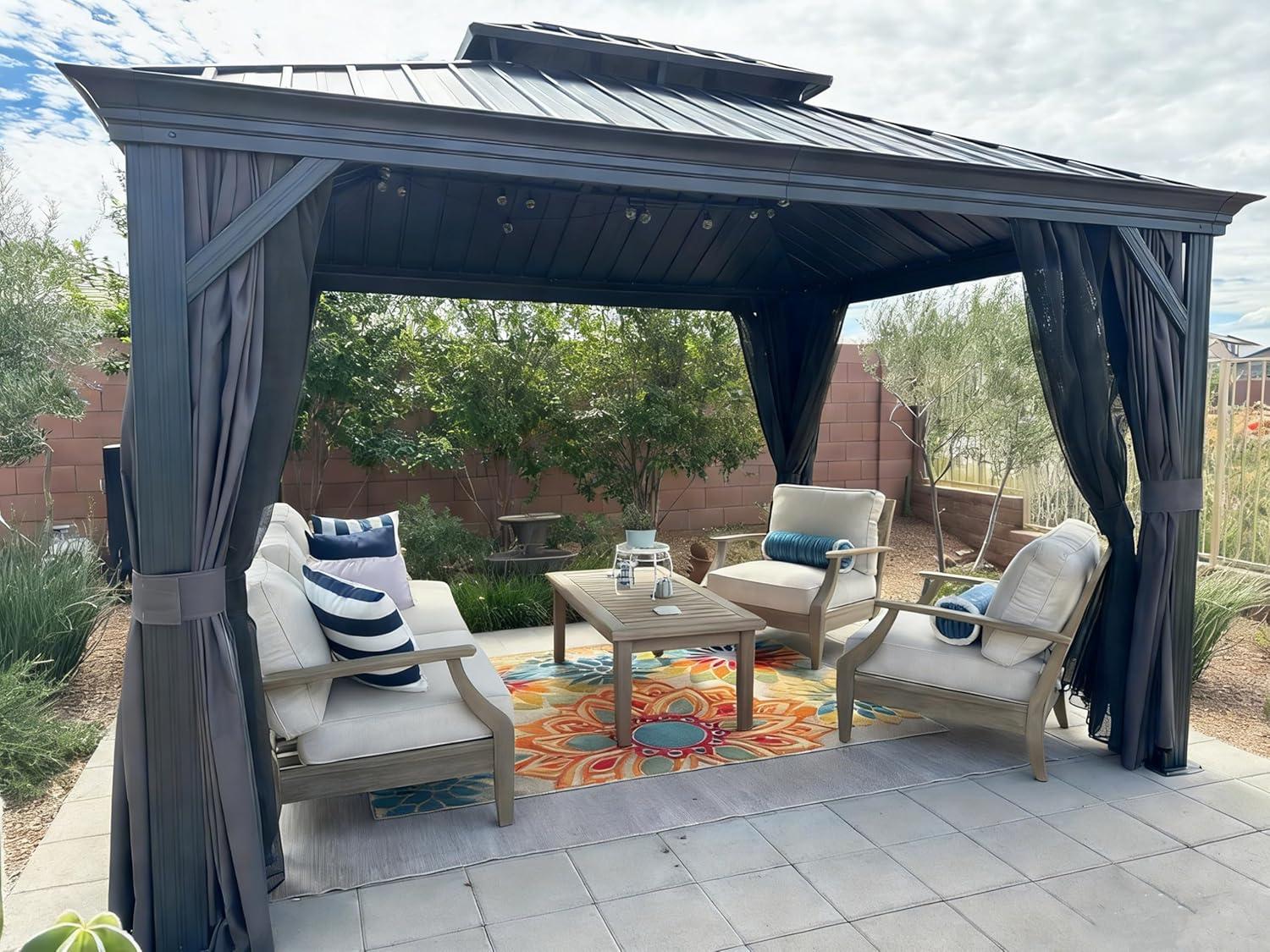 image:imagePURPLE LEAF 10 X 12 Permanent Hardtop Gazebo Aluminum Gazebo with Galvanized Steel Double Roof for Patio Lawn and Garden Curtains and Netting Included GreyGrey with Lights
