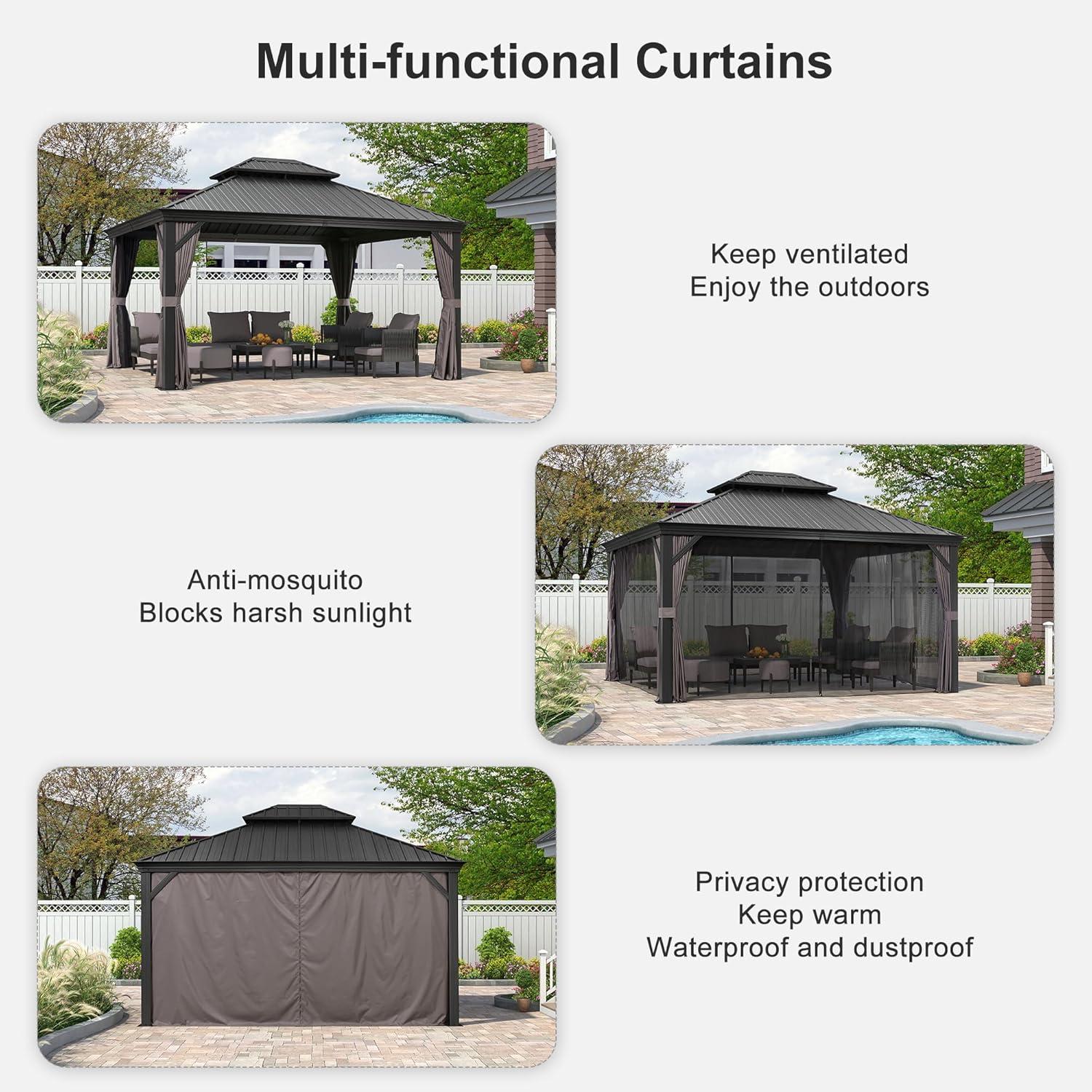 image:imagePURPLE LEAF 10 X 12 Permanent Hardtop Gazebo Aluminum Gazebo with Galvanized Steel Double Roof for Patio Lawn and Garden Curtains and Netting Included GreyGrey with Lights