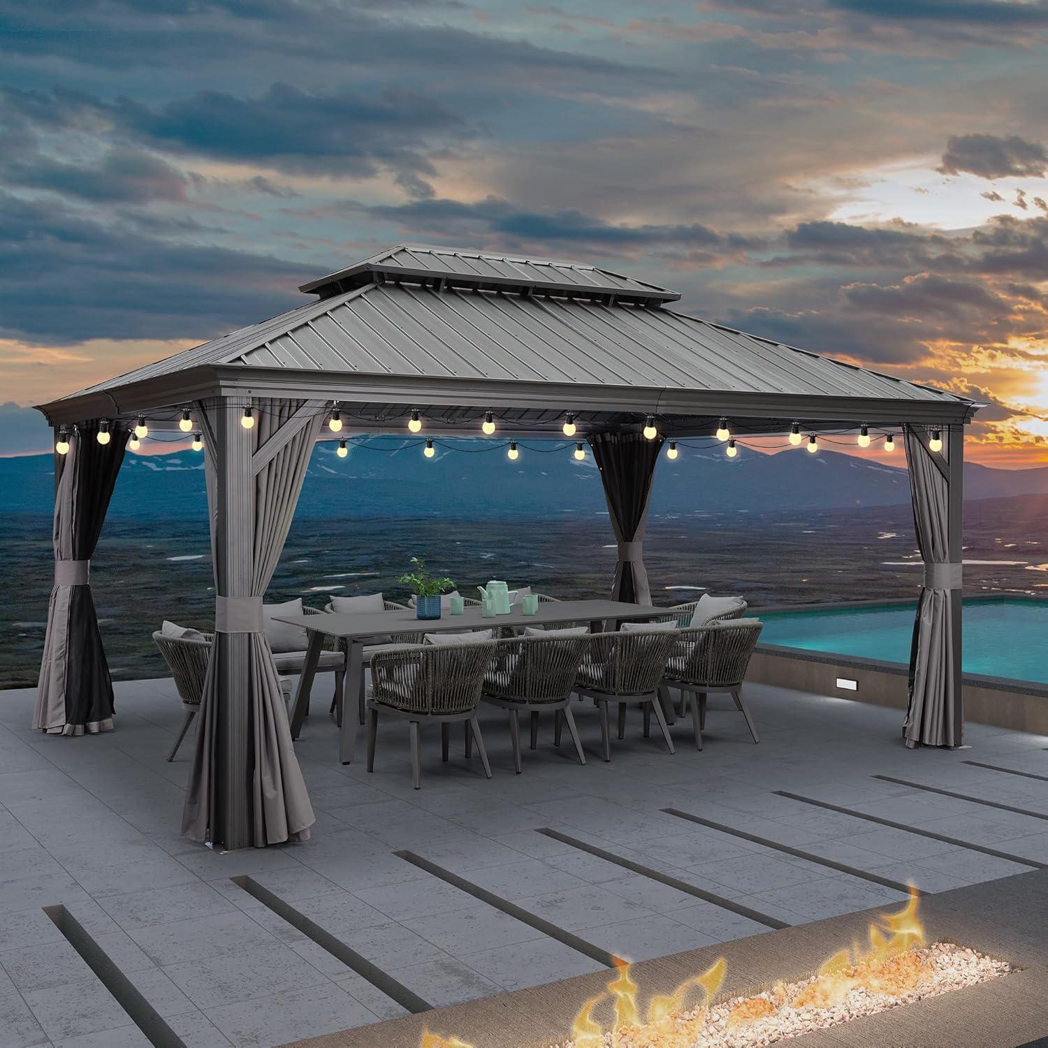 image:imagePURPLE LEAF 10 X 12 Permanent Hardtop Gazebo Aluminum Gazebo with Galvanized Steel Double Roof for Patio Lawn and Garden Curtains and Netting Included GreyGrey with Lights