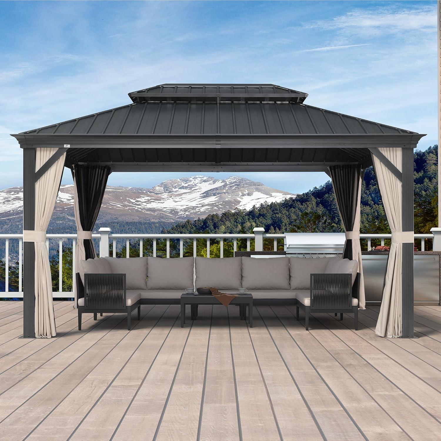 image:imagePURPLE LEAF 10 X 12 Permanent Hardtop Gazebo Aluminum Gazebo with Galvanized Steel Double Roof for Patio Lawn and Garden Curtains and Netting Included GreyBeige