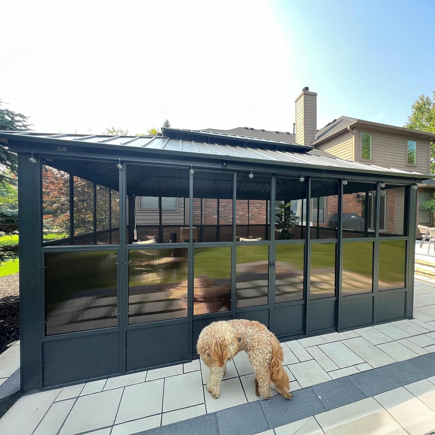 image:imagePURPLE LEAF 10 X 12 Permanent Hardtop Gazebo Aluminum Gazebo with Galvanized Steel Double Roof for Patio Lawn and Garden Curtains and Netting Included Greyw Brown Screen