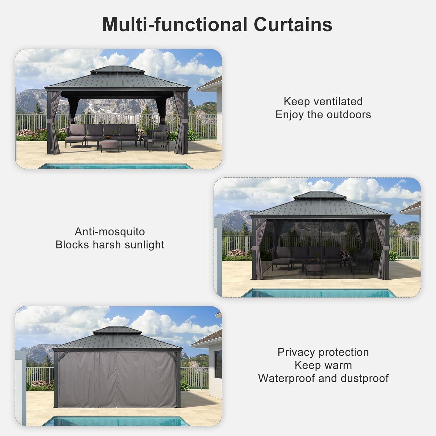 image:imagePURPLE LEAF 10 X 12 Permanent Hardtop Gazebo Aluminum Gazebo with Galvanized Steel Double Roof for Patio Lawn and Garden Curtains and Netting Included GreyGrey with Lights