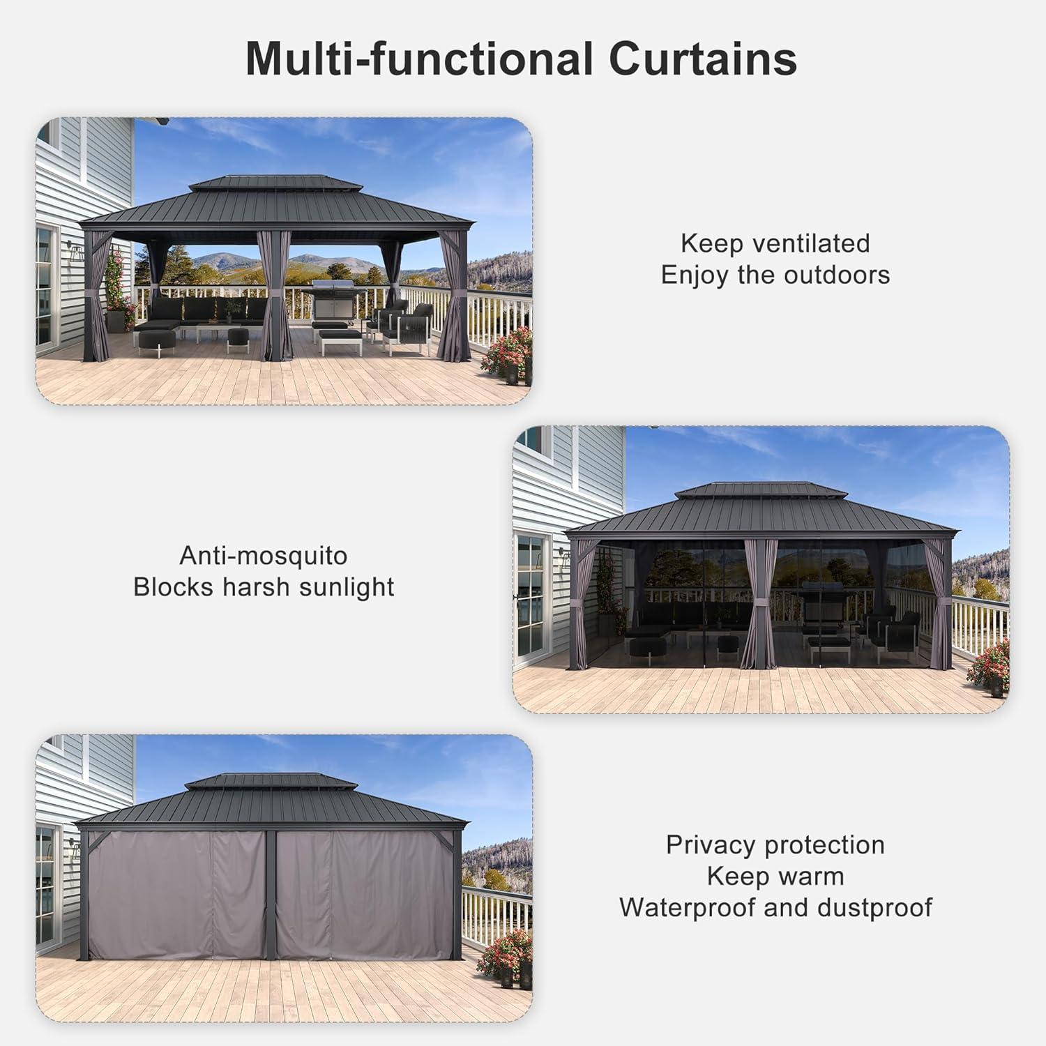 image:imagePURPLE LEAF 10 X 12 Permanent Hardtop Gazebo Aluminum Gazebo with Galvanized Steel Double Roof for Patio Lawn and Garden Curtains and Netting Included GreyGrey with Lights