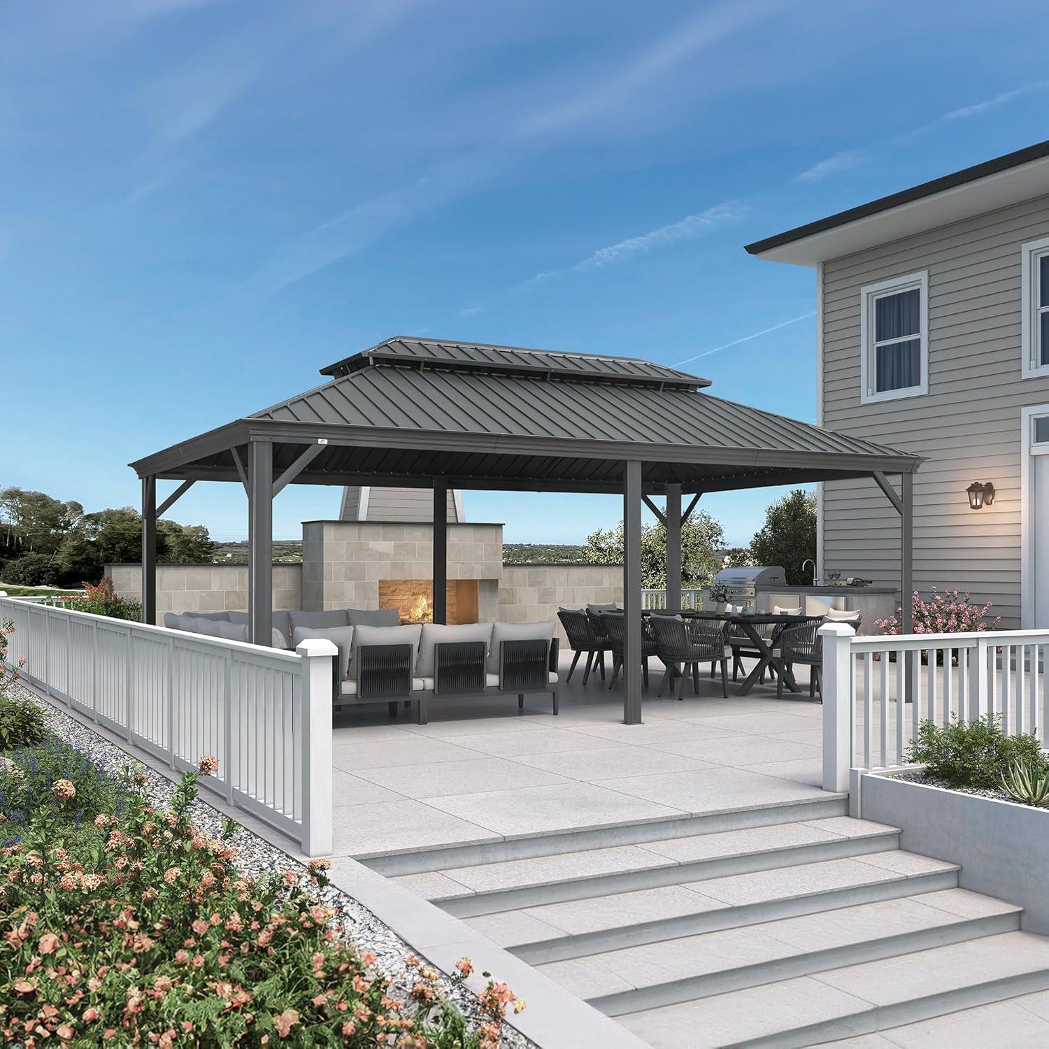 image:imagePURPLE LEAF 10 X 12 Permanent Hardtop Gazebo Aluminum Gazebo with Galvanized Steel Double Roof for Patio Lawn and Garden Curtains and Netting Included GreyGrey Frame Only