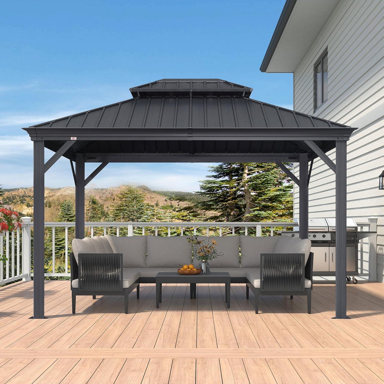 image:imagePURPLE LEAF 10 X 12 Permanent Hardtop Gazebo Aluminum Gazebo with Galvanized Steel Double Roof for Patio Lawn and Garden Curtains and Netting Included GreyGrey Frame Only