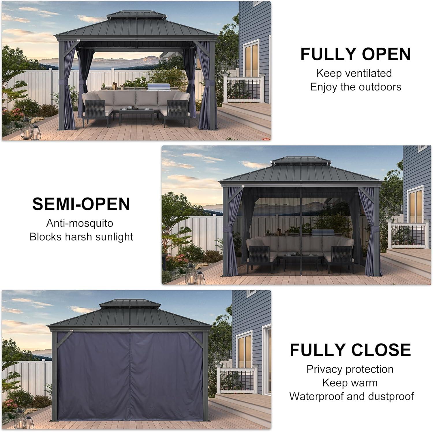 image:imagePURPLE LEAF 10 X 12 Permanent Hardtop Gazebo Aluminum Gazebo with Galvanized Steel Double Roof for Patio Lawn and Garden Curtains and Netting Included GreyNavy Blue