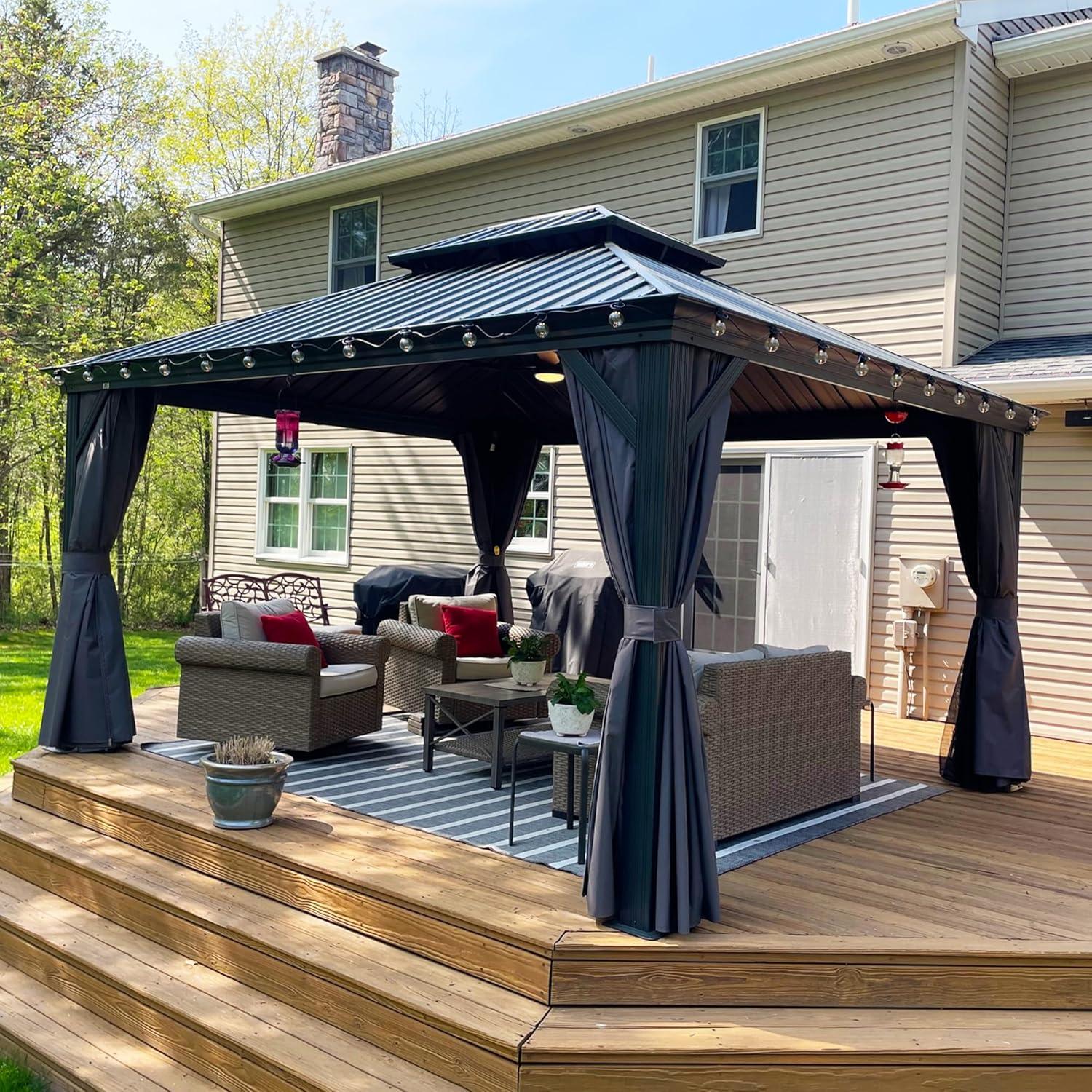 image:imagePURPLE LEAF 10 X 12 Permanent Hardtop Gazebo Aluminum Gazebo with Galvanized Steel Double Roof for Patio Lawn and Garden Curtains and Netting Included GreyGrey with Lights