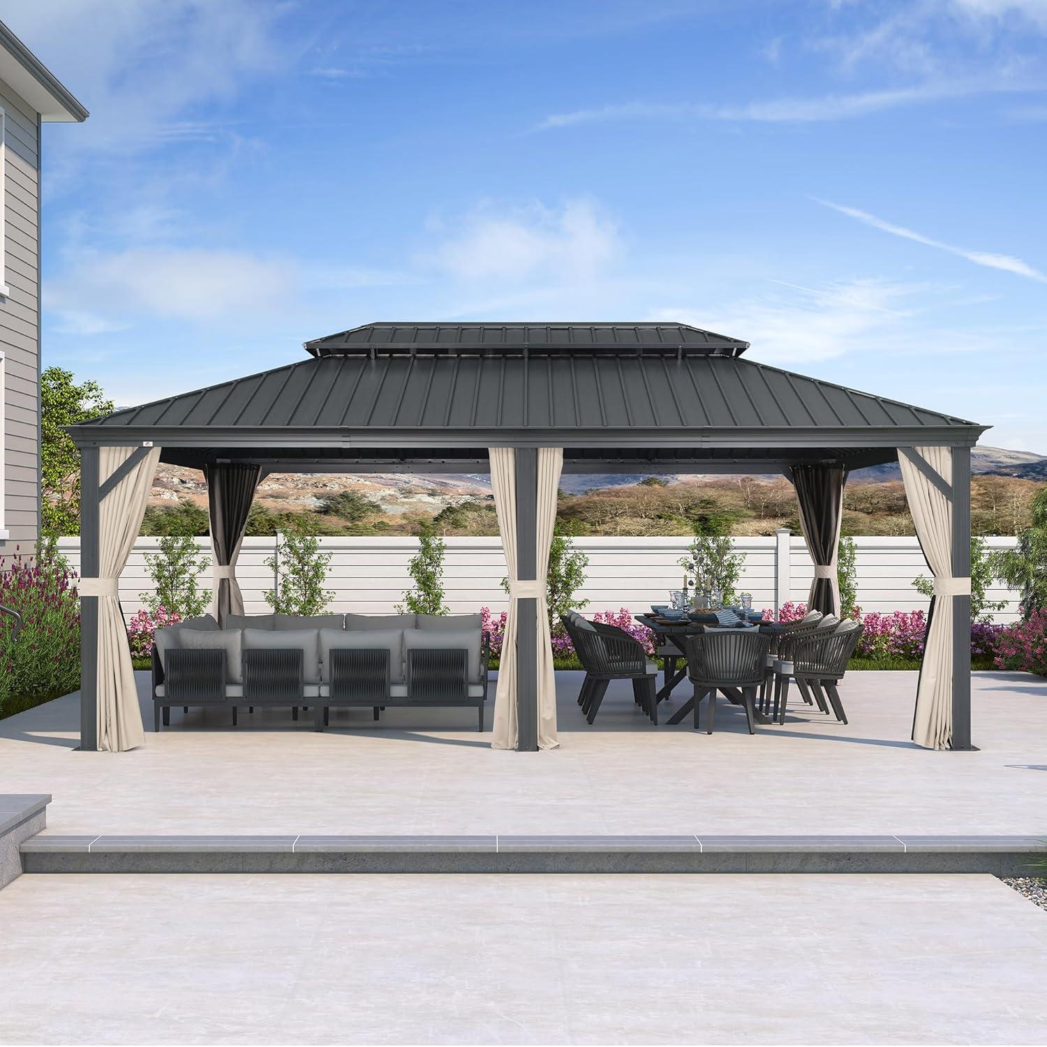 image:imagePURPLE LEAF 10 X 12 Permanent Hardtop Gazebo Aluminum Gazebo with Galvanized Steel Double Roof for Patio Lawn and Garden Curtains and Netting Included GreyBeige