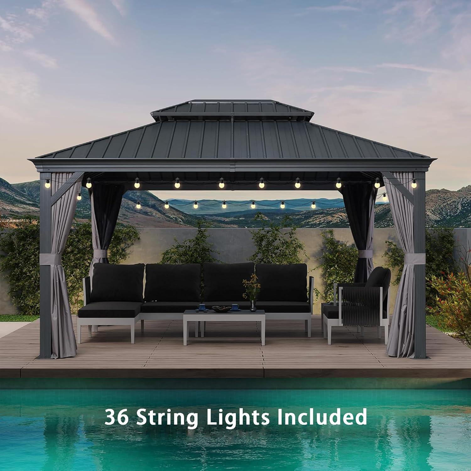 image:imagePURPLE LEAF 10 X 12 Permanent Hardtop Gazebo Aluminum Gazebo with Galvanized Steel Double Roof for Patio Lawn and Garden Curtains and Netting Included GreyGrey with Lights