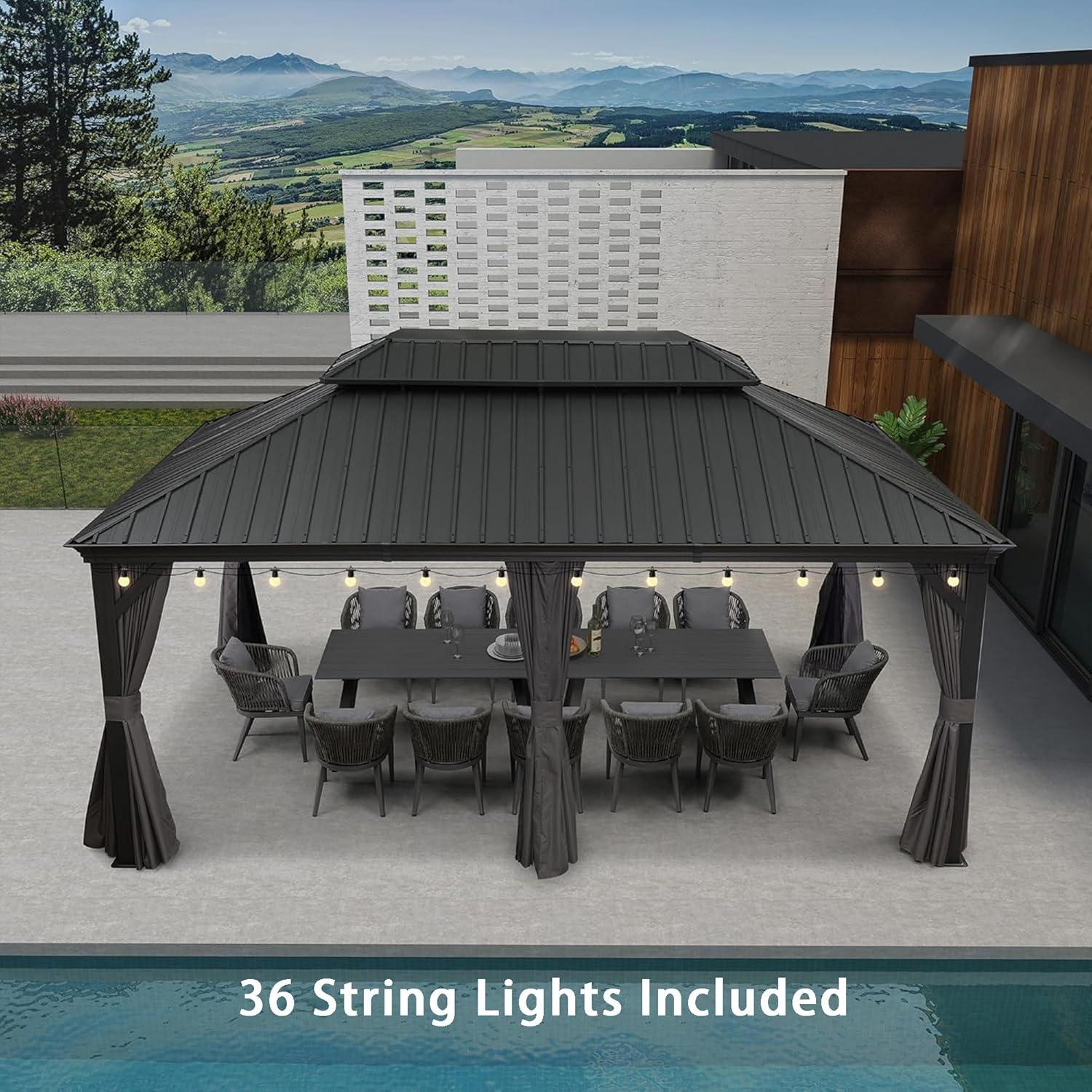 image:imagePURPLE LEAF 10 X 12 Permanent Hardtop Gazebo Aluminum Gazebo with Galvanized Steel Double Roof for Patio Lawn and Garden Curtains and Netting Included GreyGrey with Lights
