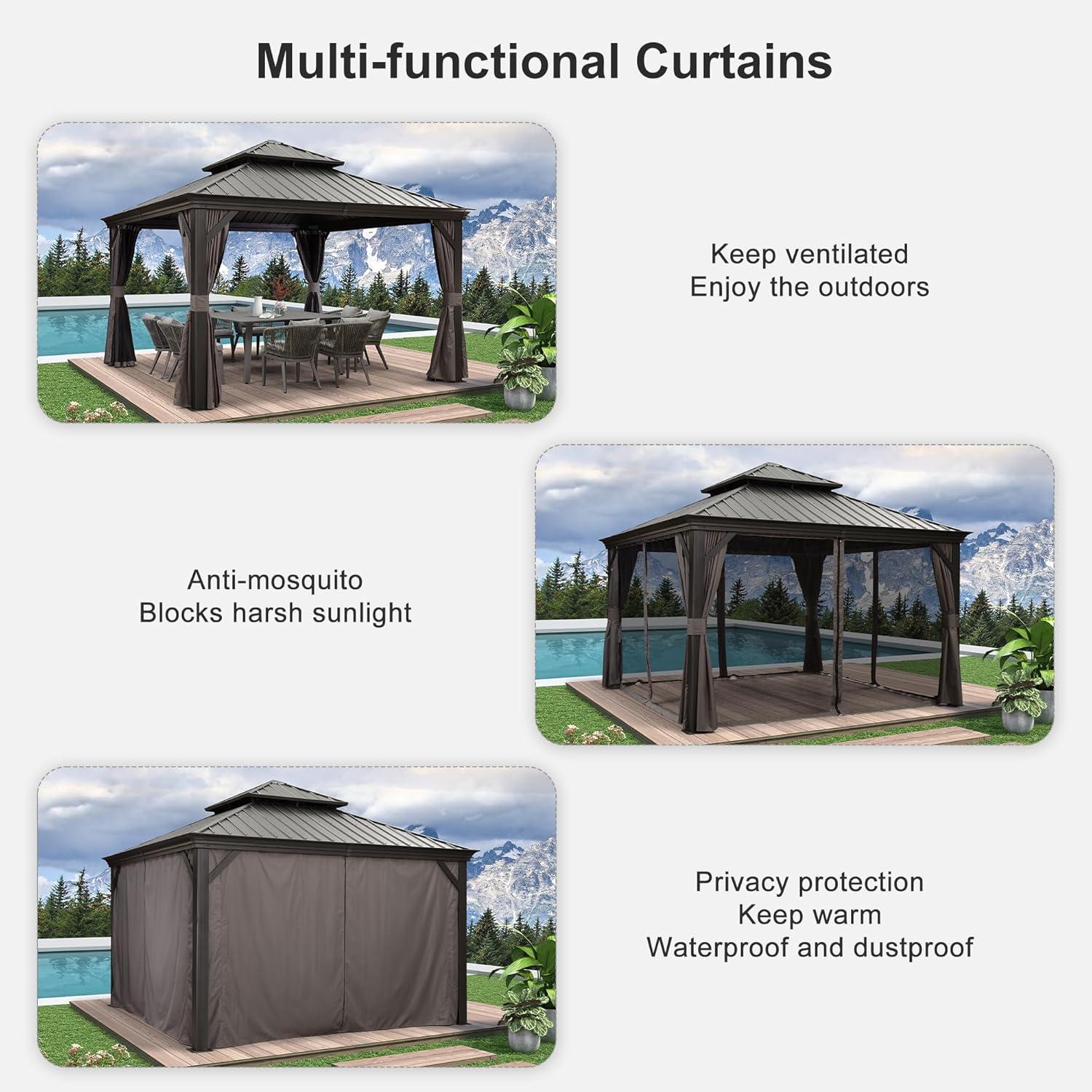 image:imagePURPLE LEAF 10 X 12 Permanent Hardtop Gazebo Aluminum Gazebo with Galvanized Steel Double Roof for Patio Lawn and Garden Curtains and Netting Included GreyGrey with Lights