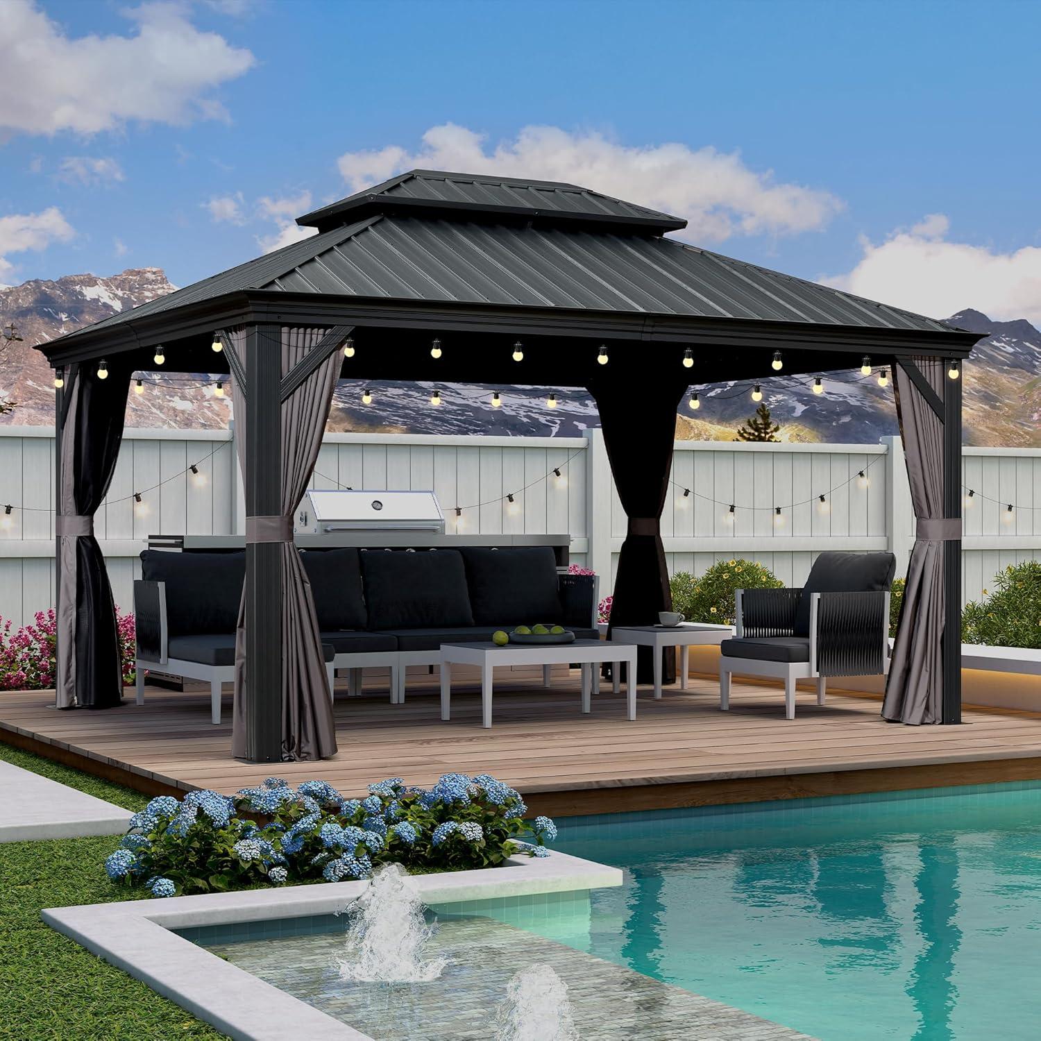 image:imagePURPLE LEAF 10 X 12 Permanent Hardtop Gazebo Aluminum Gazebo with Galvanized Steel Double Roof for Patio Lawn and Garden Curtains and Netting Included GreyGrey with Lights