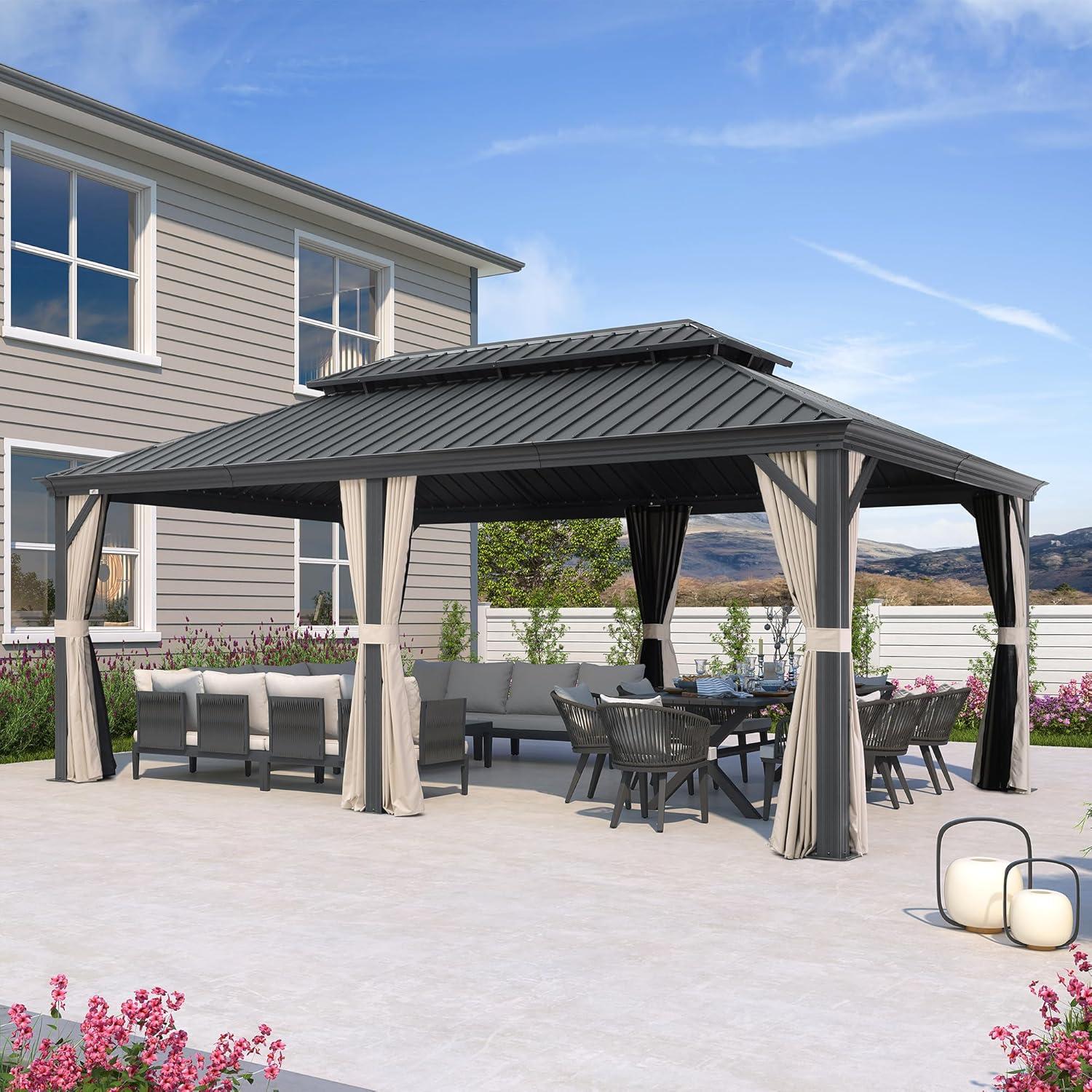 image:imagePURPLE LEAF 10 X 12 Permanent Hardtop Gazebo Aluminum Gazebo with Galvanized Steel Double Roof for Patio Lawn and Garden Curtains and Netting Included GreyBeige