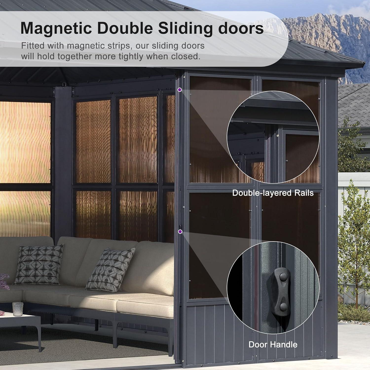 image:imagePURPLE LEAF 10 X 12 Permanent Hardtop Gazebo Aluminum Gazebo with Galvanized Steel Double Roof for Patio Lawn and Garden Curtains and Netting Included Greyw Brown Screen
