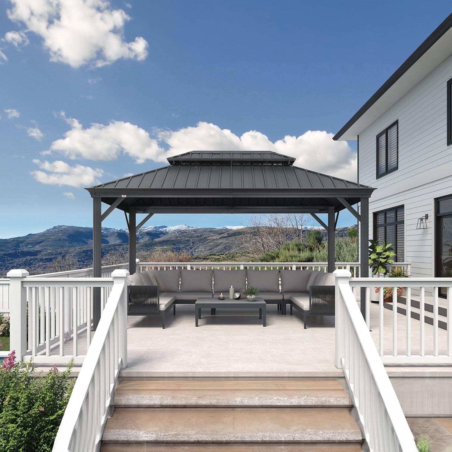 image:imagePURPLE LEAF 10 X 12 Permanent Hardtop Gazebo Aluminum Gazebo with Galvanized Steel Double Roof for Patio Lawn and Garden Curtains and Netting Included GreyGrey Frame Only