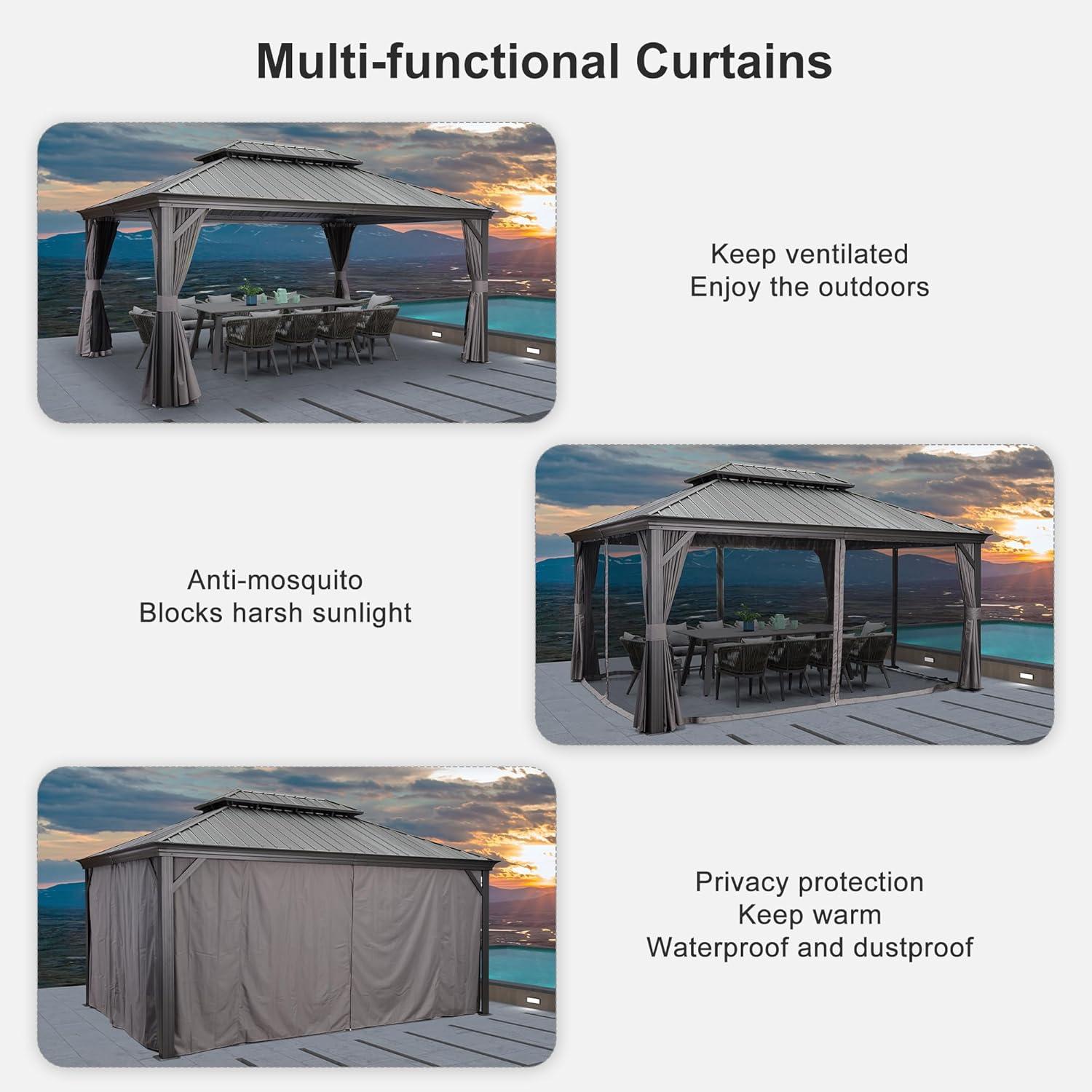 image:imagePURPLE LEAF 10 X 12 Permanent Hardtop Gazebo Aluminum Gazebo with Galvanized Steel Double Roof for Patio Lawn and Garden Curtains and Netting Included GreyGrey with Lights