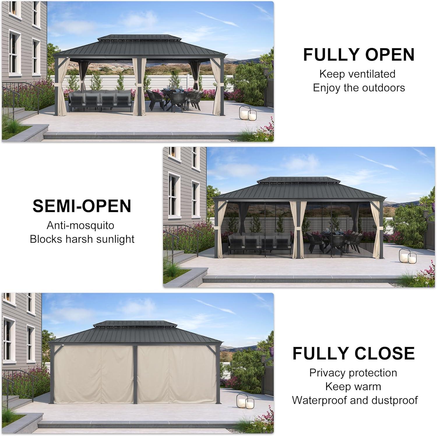 image:imagePURPLE LEAF 10 X 12 Permanent Hardtop Gazebo Aluminum Gazebo with Galvanized Steel Double Roof for Patio Lawn and Garden Curtains and Netting Included GreyBeige