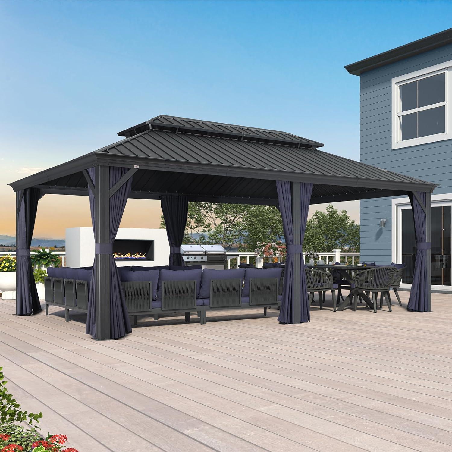 image:imagePURPLE LEAF 10 X 12 Permanent Hardtop Gazebo Aluminum Gazebo with Galvanized Steel Double Roof for Patio Lawn and Garden Curtains and Netting Included GreyNavy Blue